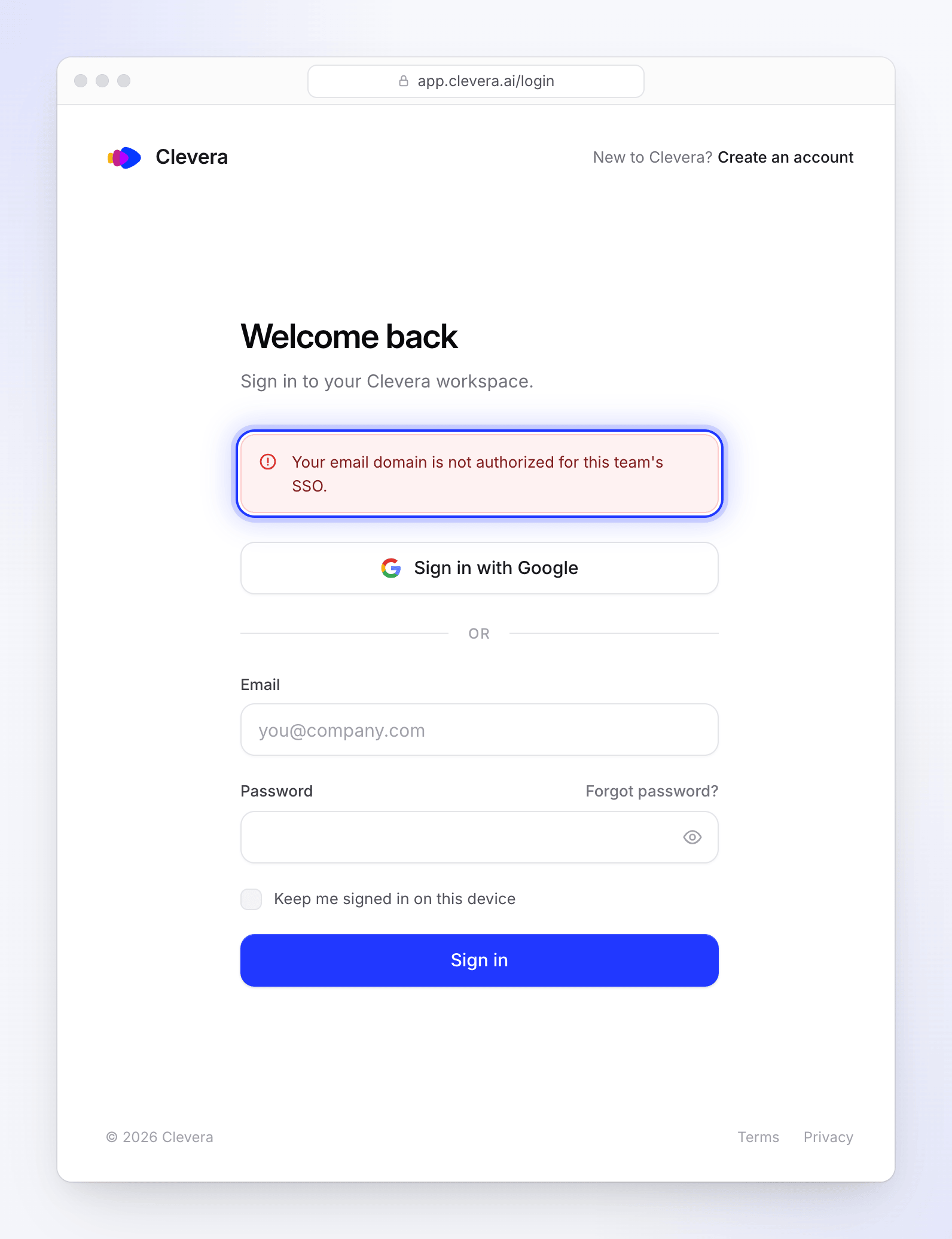 The Clevera sign-in page showing an SSO error after returning from the identity provider