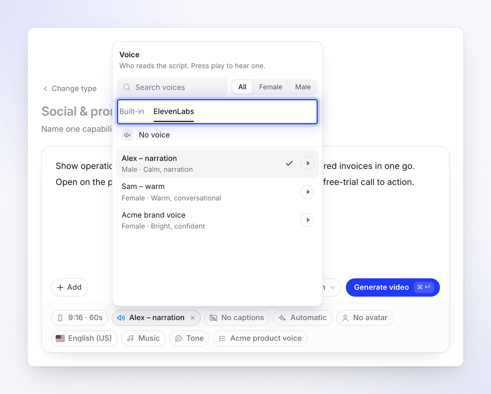 Het tabblad ElevenLabs van het menu Stem met een lijst van stemmen uit een verbonden account