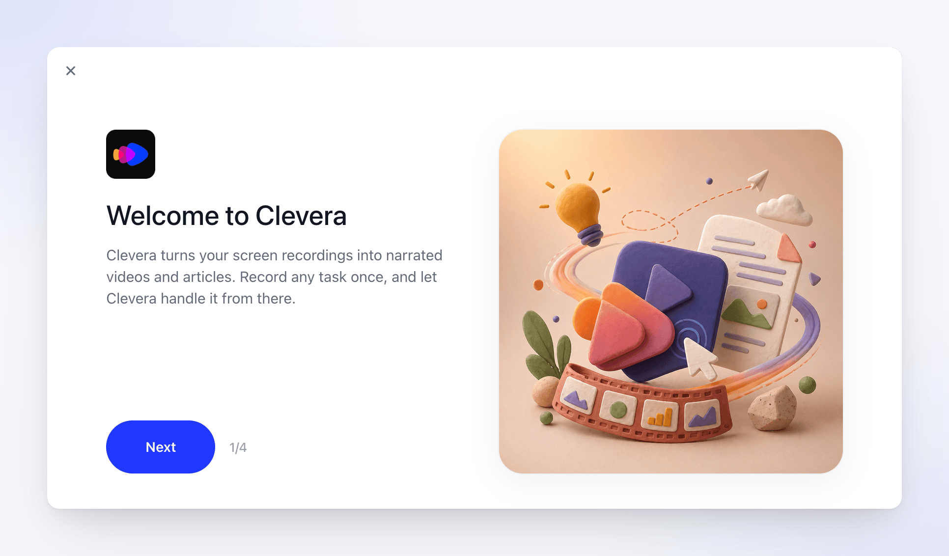 The Clevera welcome window, step 1 of 4, with a Next button.