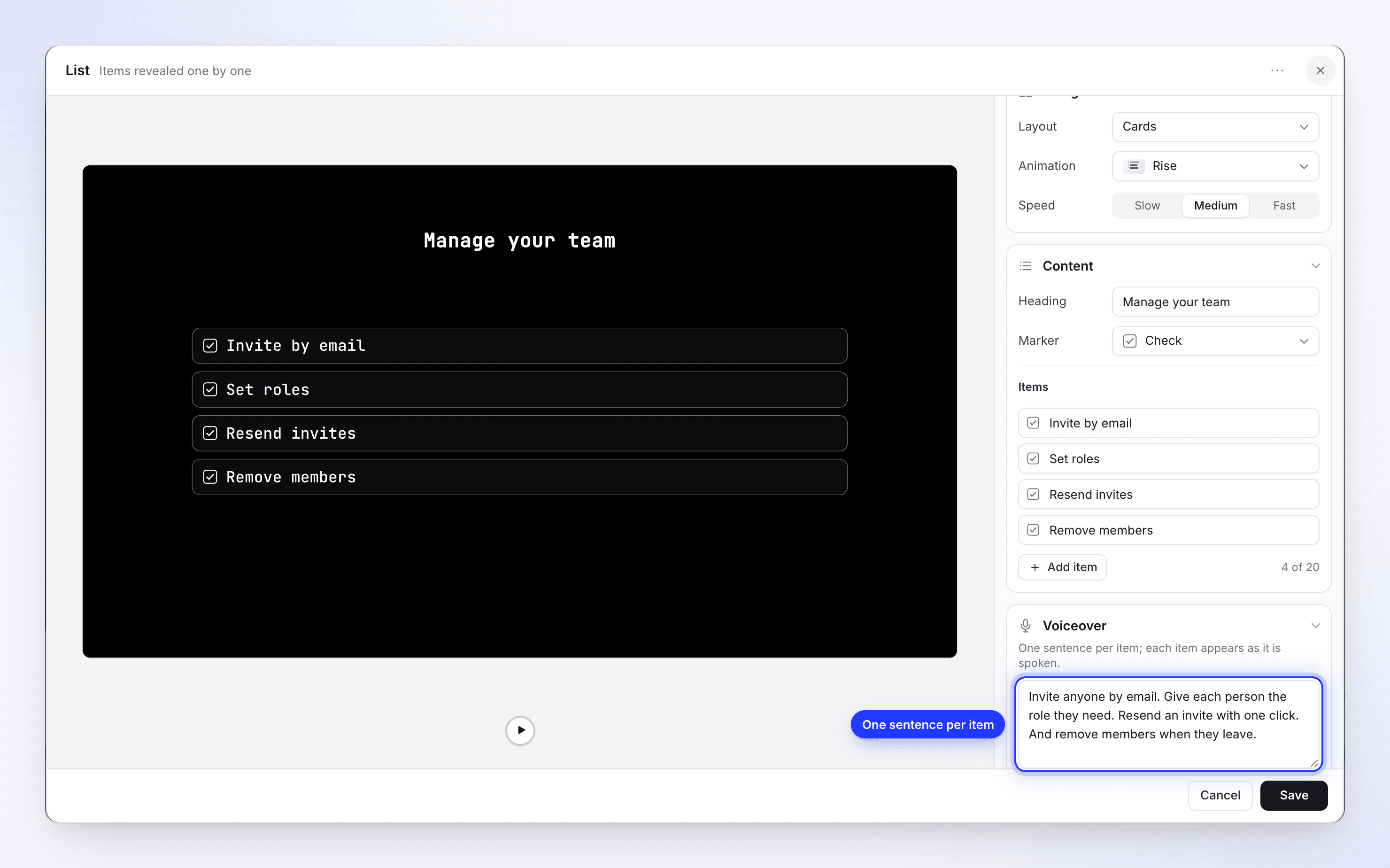 The list editor with the Cards layout, four items and a voiceover sentence for each.
