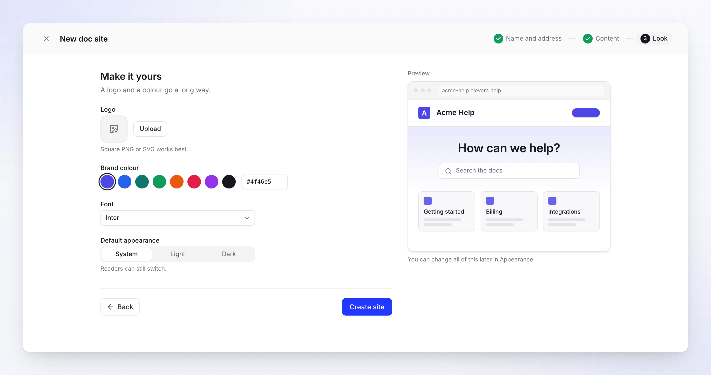 The Look step with logo upload, brand colour swatches, font, default appearance and the Create site button