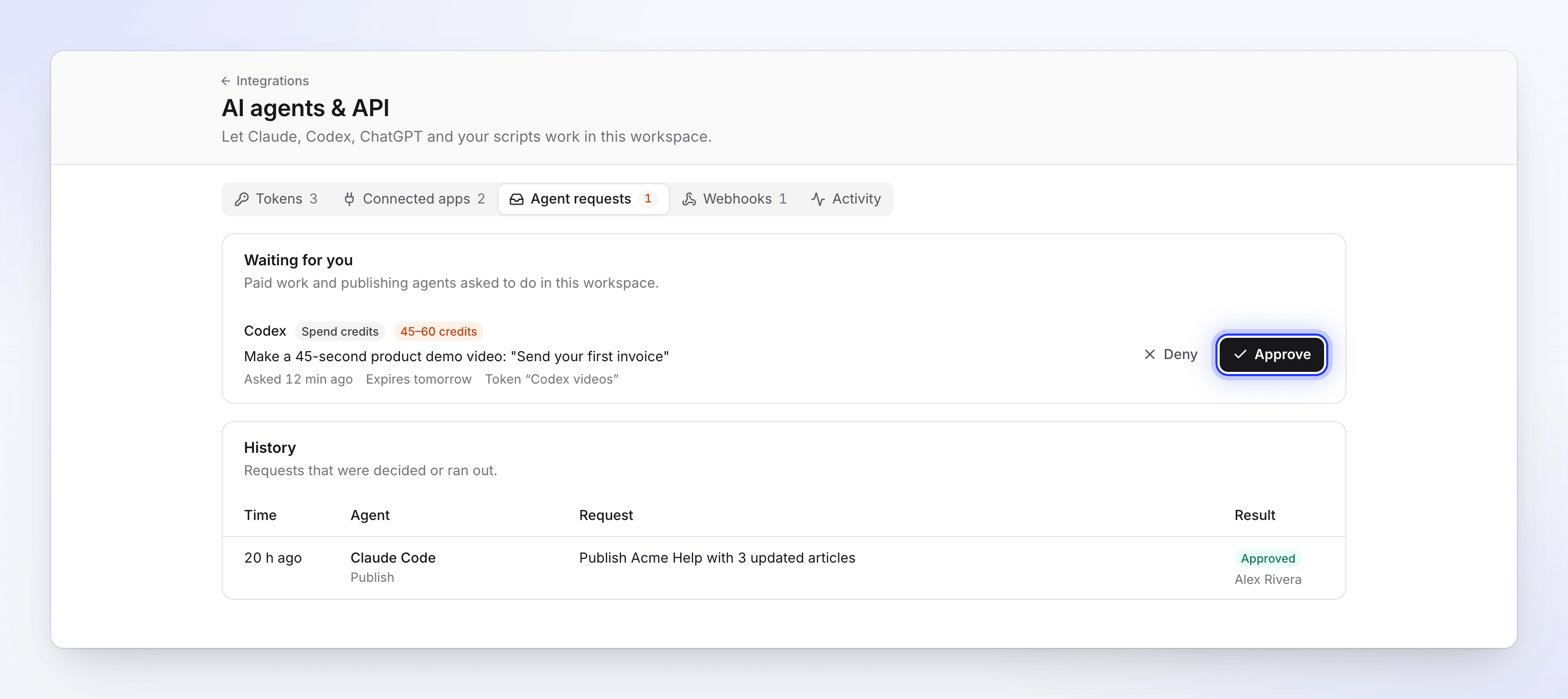 The Agent requests tab with one request waiting: an agent asks to spend 45 to 60 credits on a product demo video, with Approve and Deny buttons.