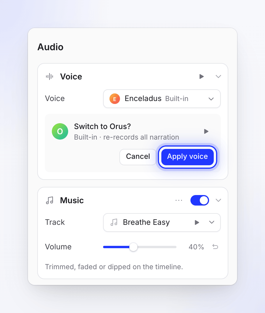 The Switch to Orus? card with Cancel and Apply voice buttons.