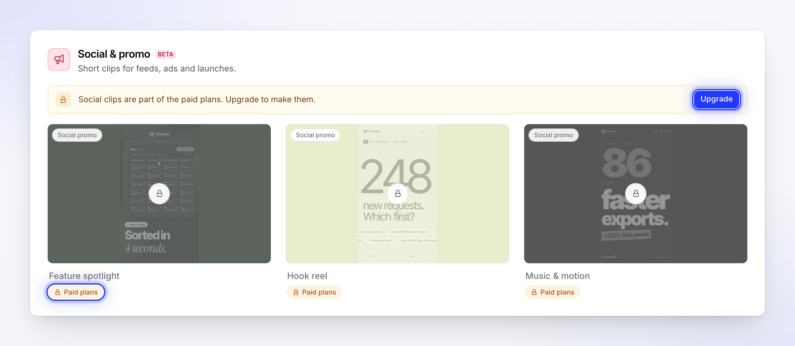The Create gallery on Free, with social clip types marked for paid plans and an Upgrade button