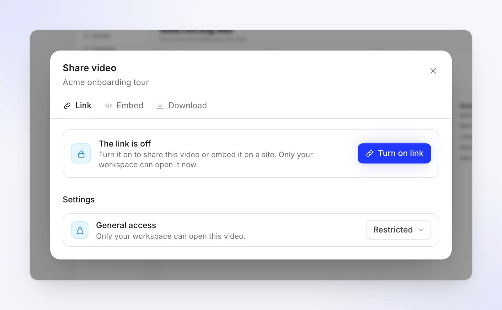 The Link tab showing The link is off with a Turn on link button and General access set to Restricted.