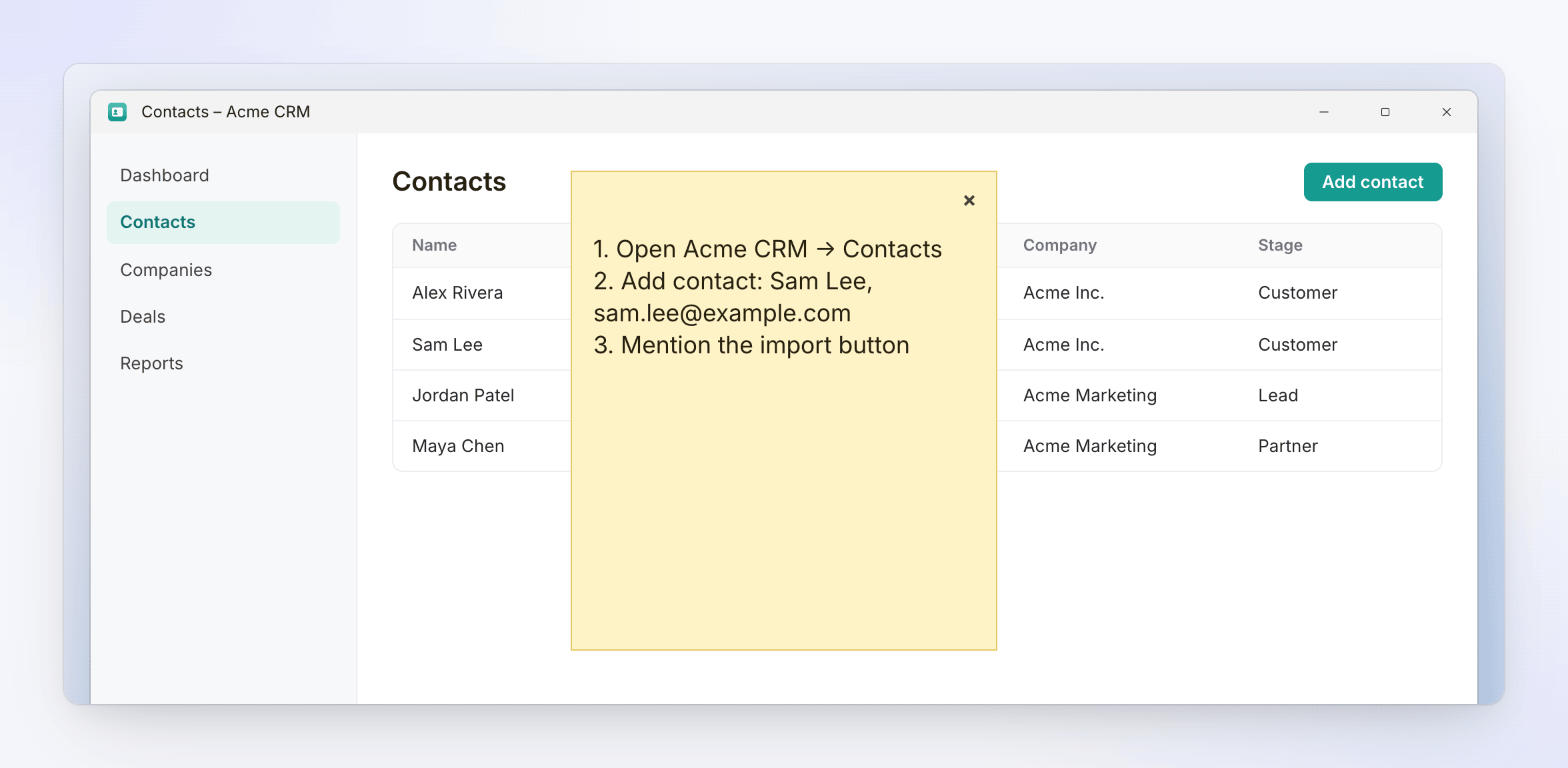 Windows: the yellow speaker notes window with three talking points, on top of the Acme CRM app.