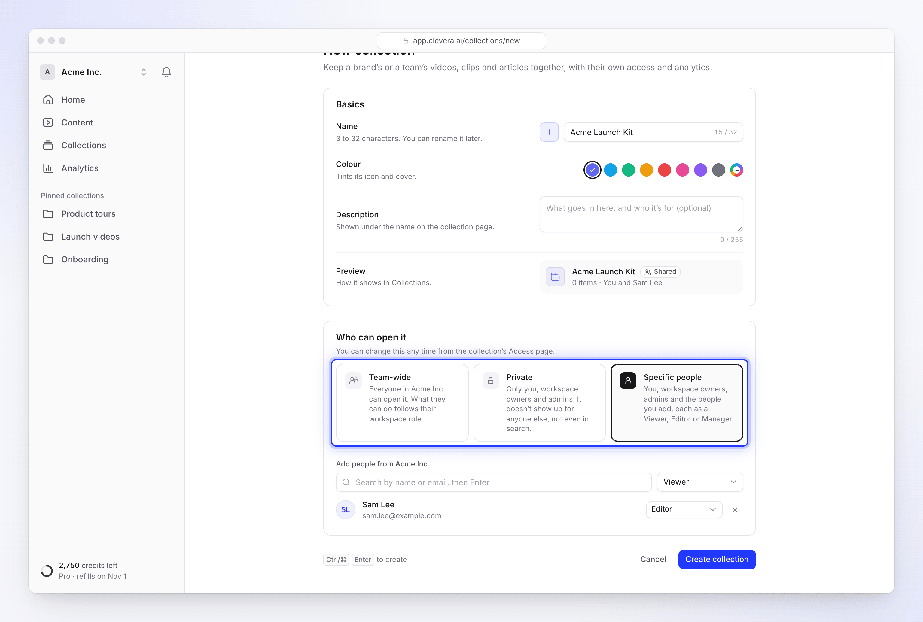 Creating a collection with Specific people access and Sam Lee added as Editor