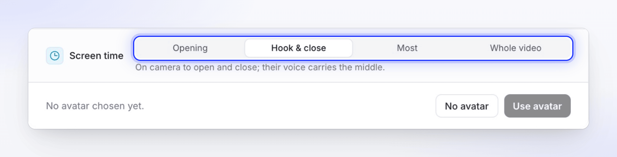 Screen time in the AI avatar window set to Hook & close, with No avatar and Use avatar below