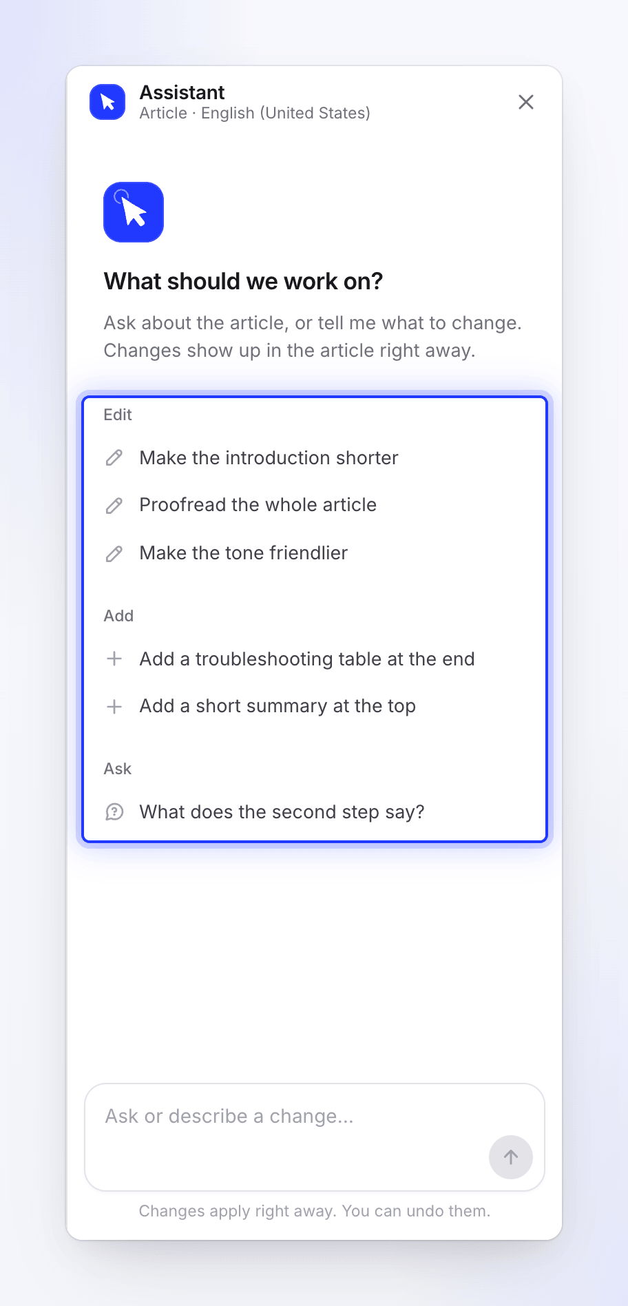 The article assistant panel with suggested requests under Edit, Add and Ask