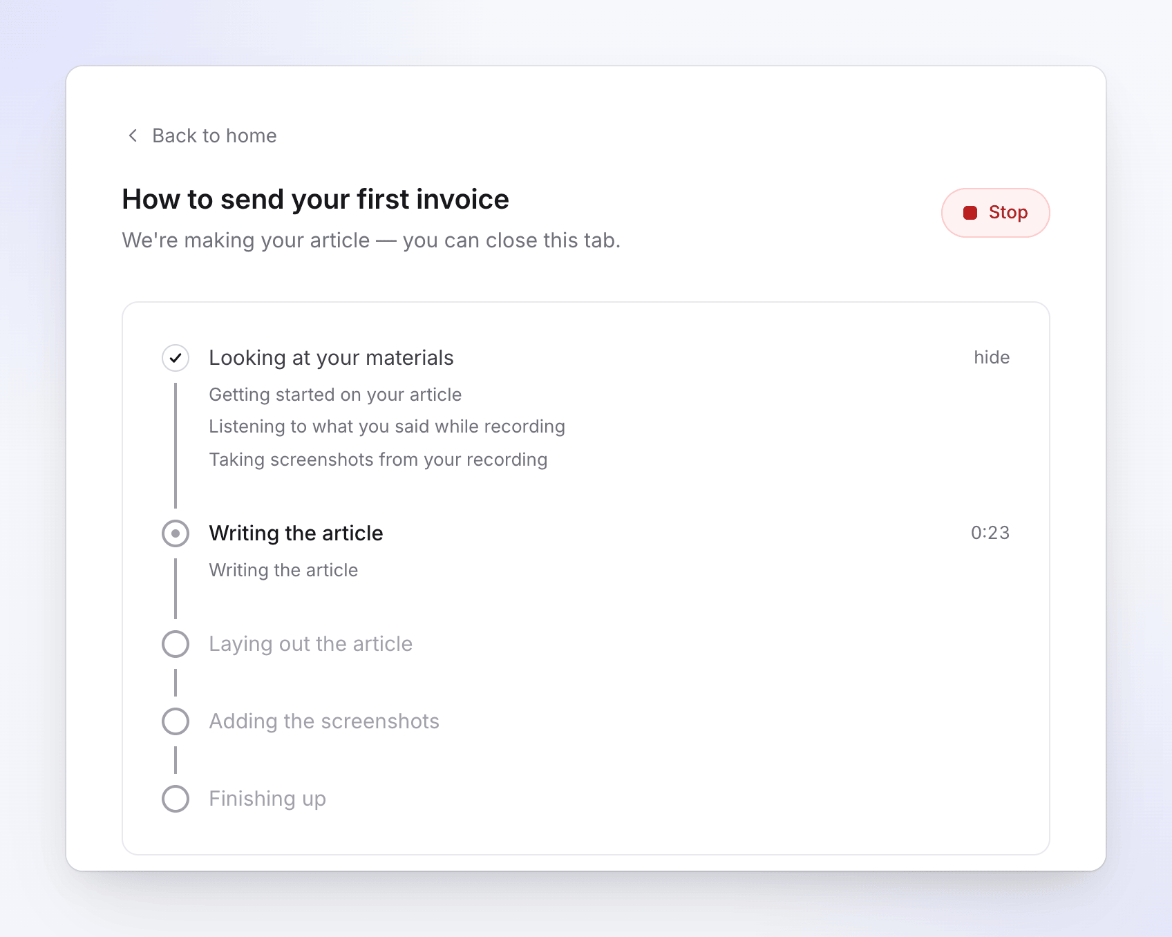 The progress page for an article with the Writing the article stage running