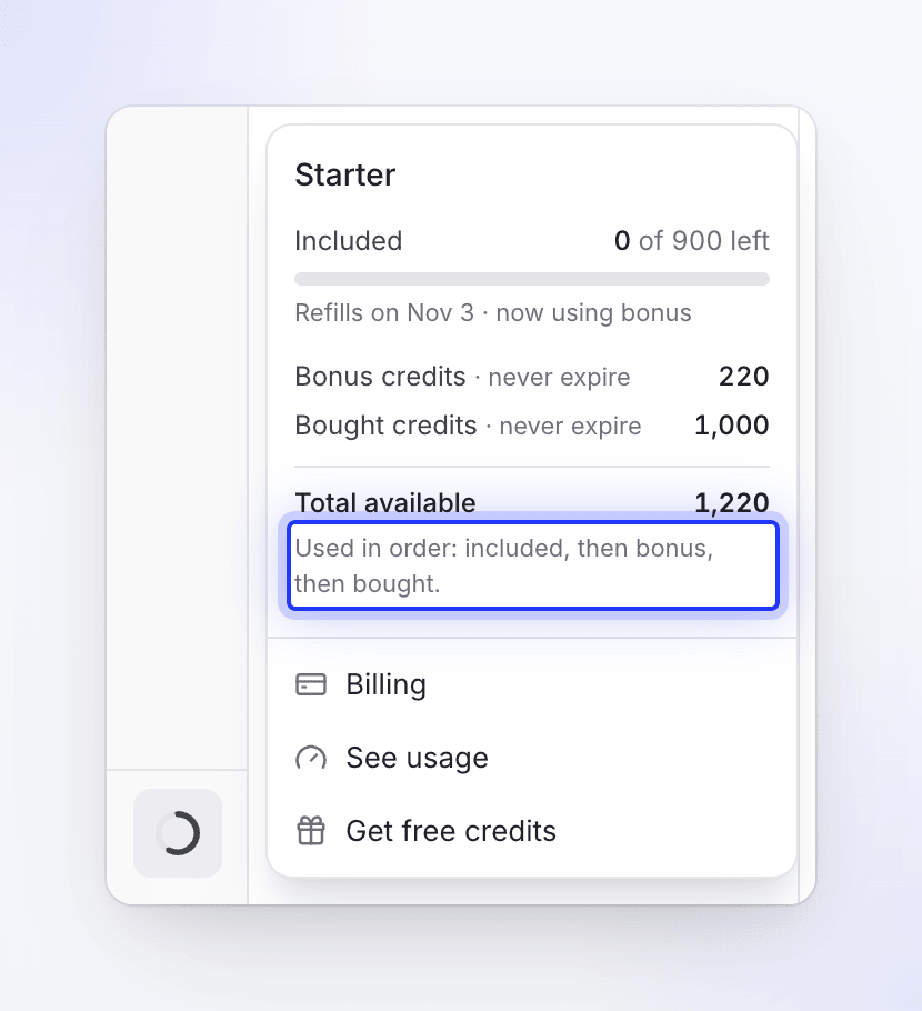Menu dei crediti aperto dall'anello dei crediti in fondo alla barra laterale con sole icone