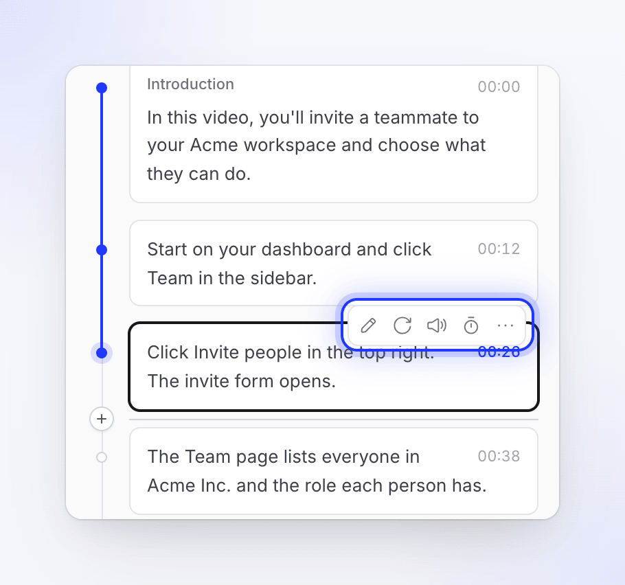A narrated step in the Script tab with its actions: Edit narration, Regenerate voice, Mute narration, Edit sync and pacing and more.