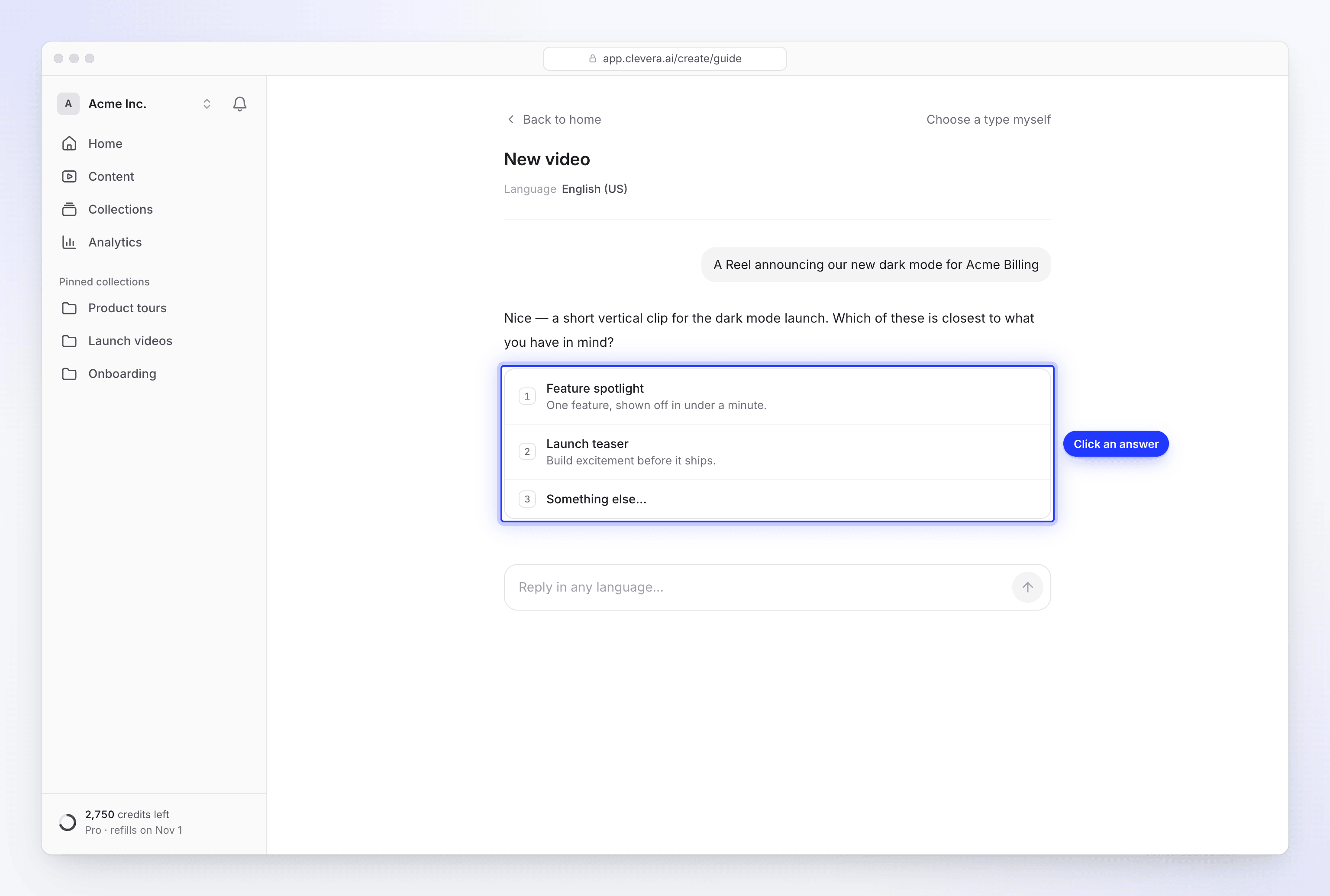 A setup chat conversation with answer choices Feature spotlight, Launch teaser and Something else