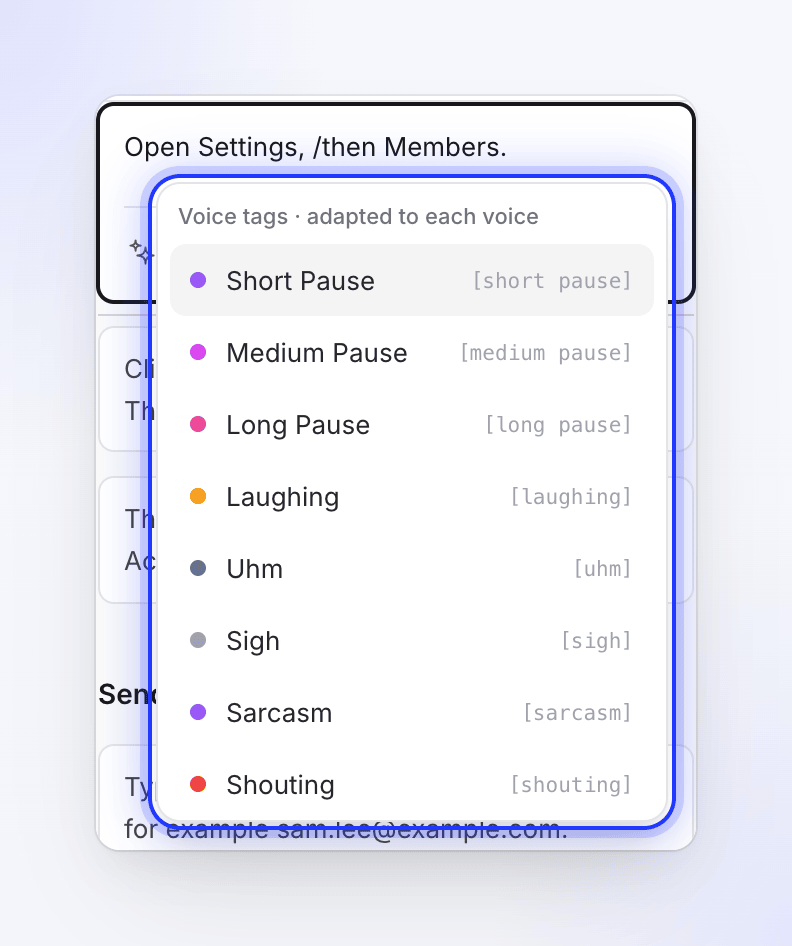 The Voice tags list open under a narration line after typing a slash, with Short Pause highlighted.
