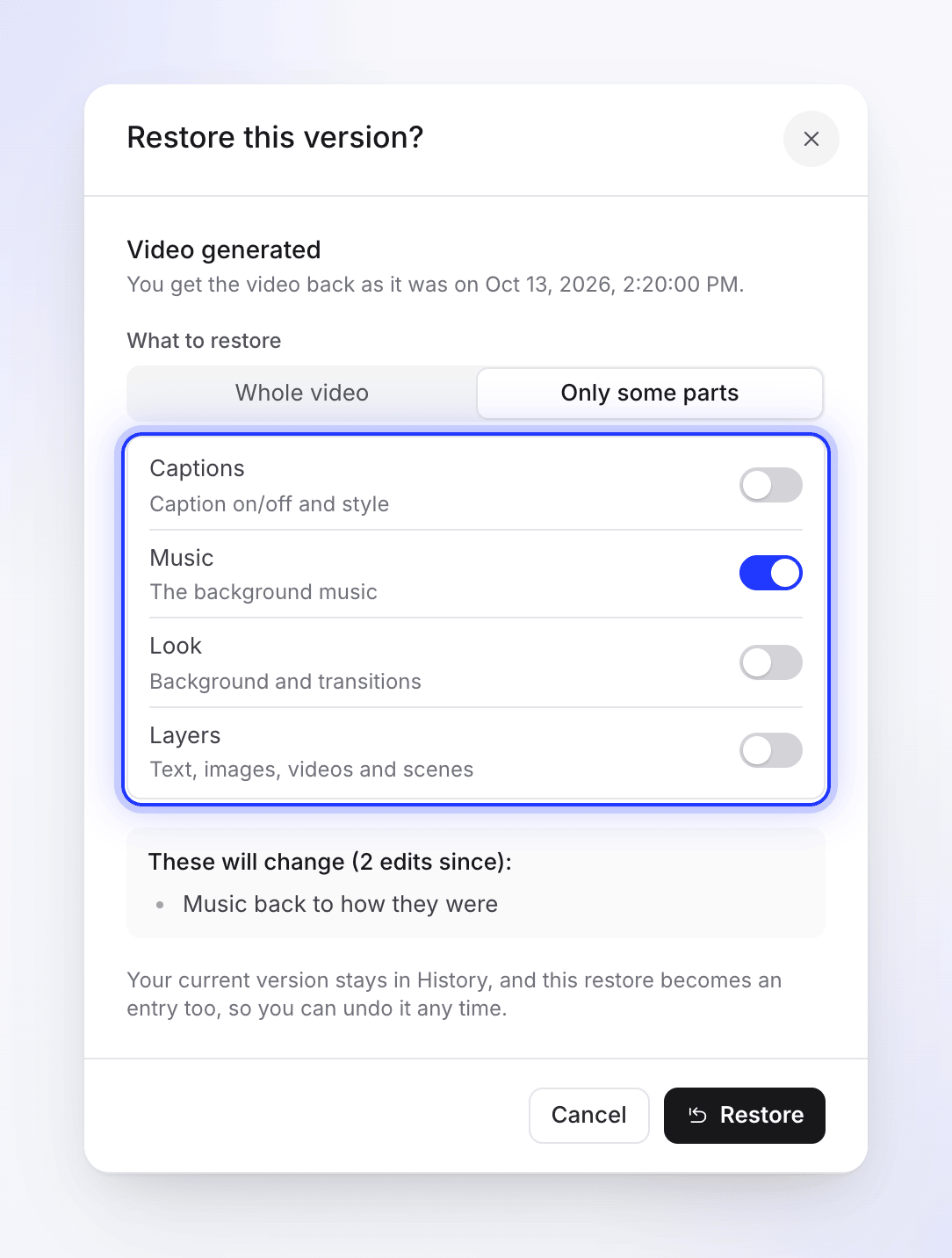 The Restore this version dialog with only Music chosen.