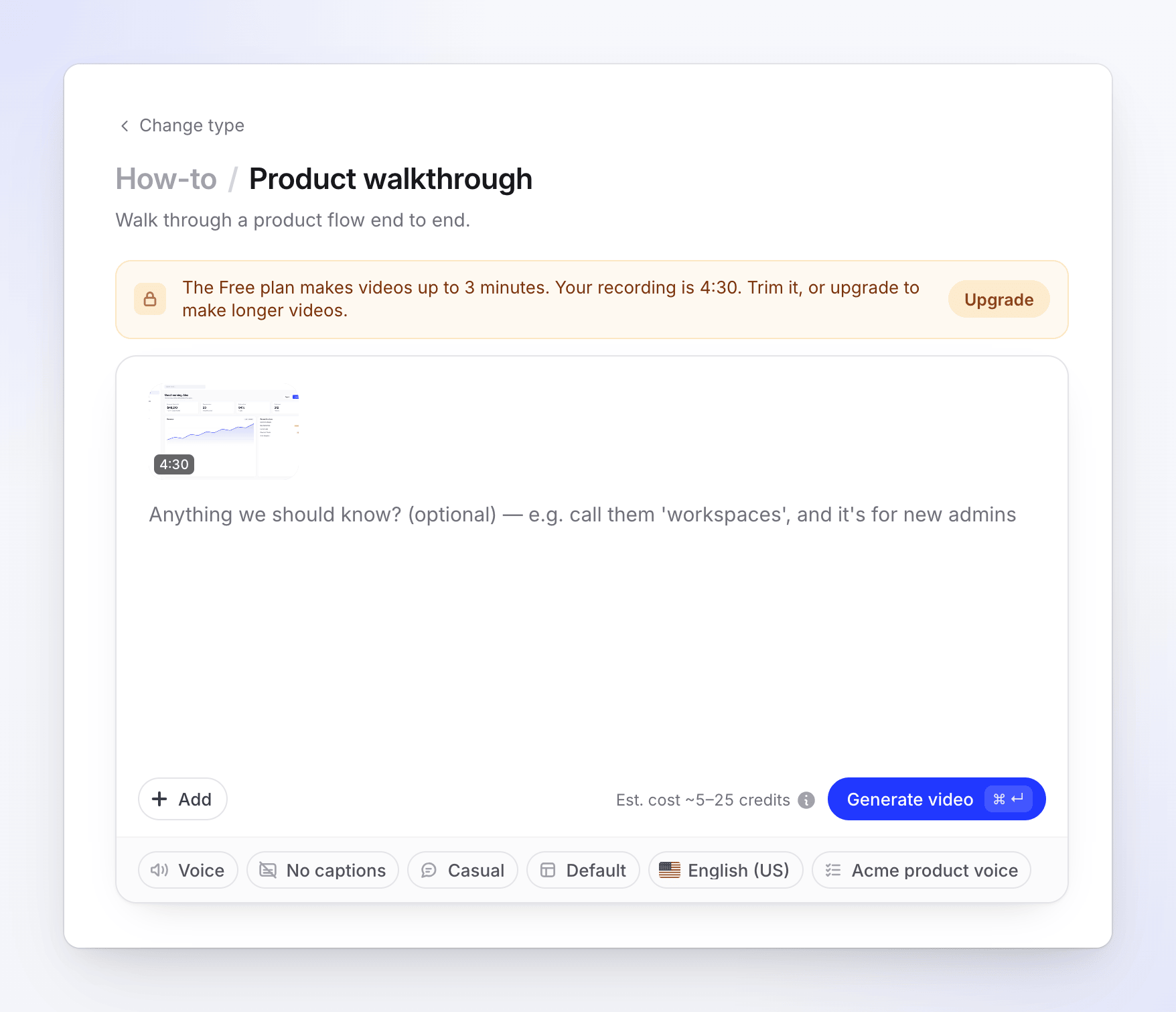 A Free plan notice on the Create page saying the recording is longer than 3 minutes