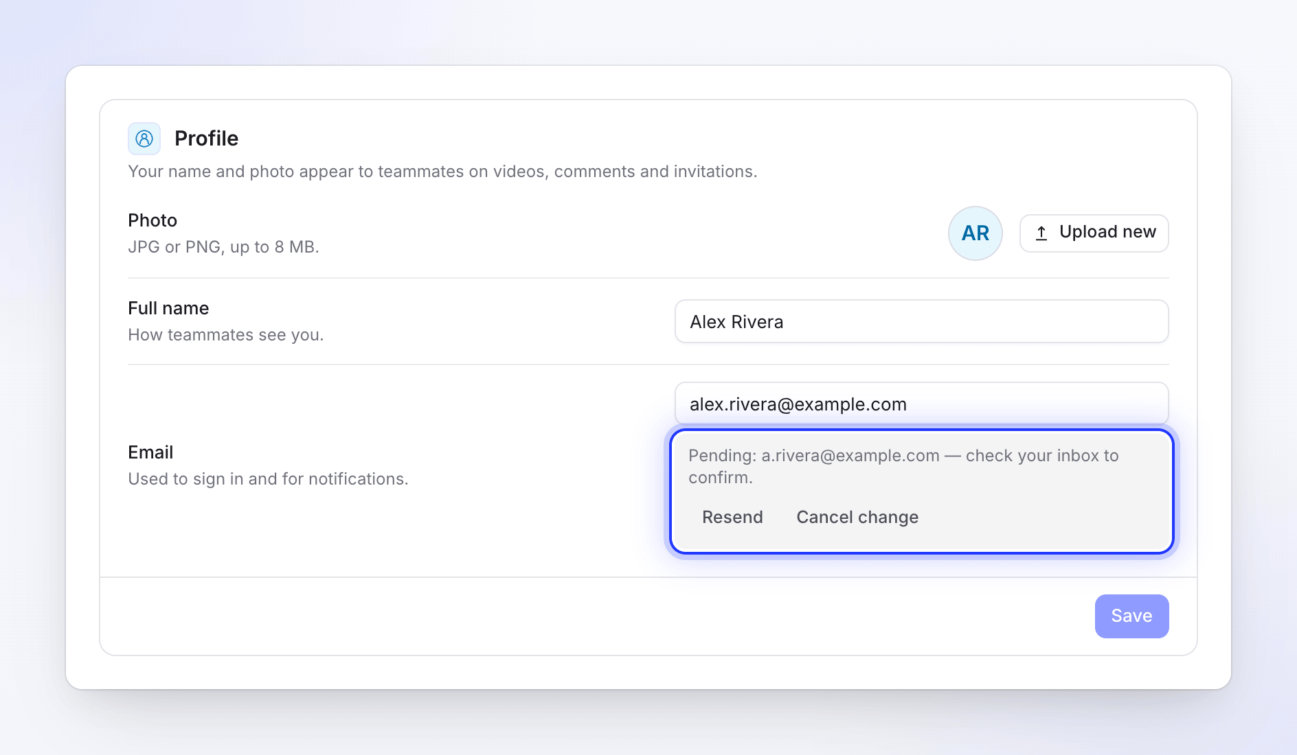 Account settings Profile with a pending email change and the Resend and Cancel change buttons.