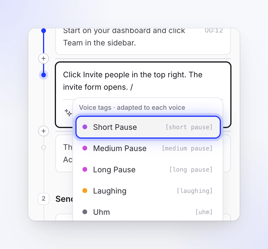 Editing a narration line with the voice tag list open and Short Pause highlighted.