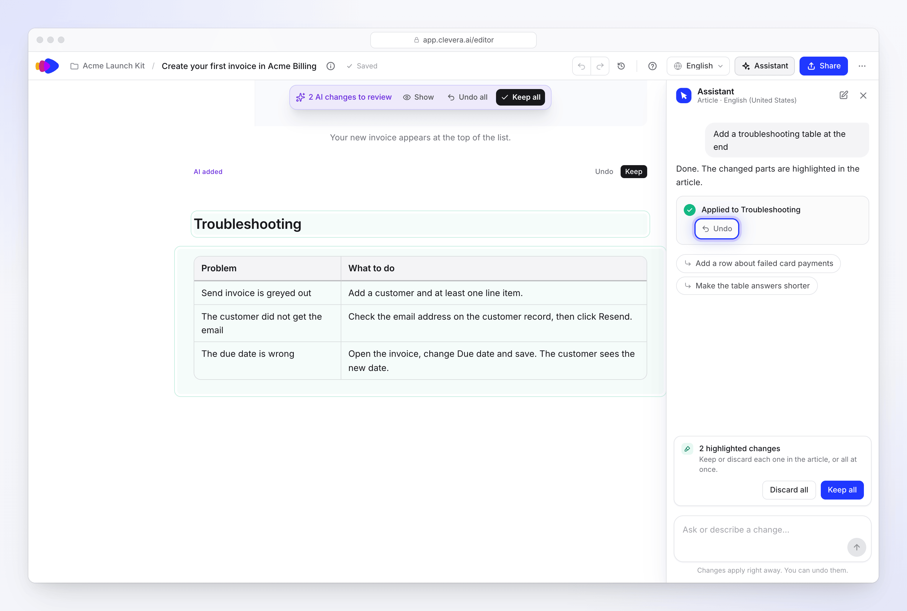 An assistant reply with Undo, and the new Troubleshooting table highlighted for review in the article