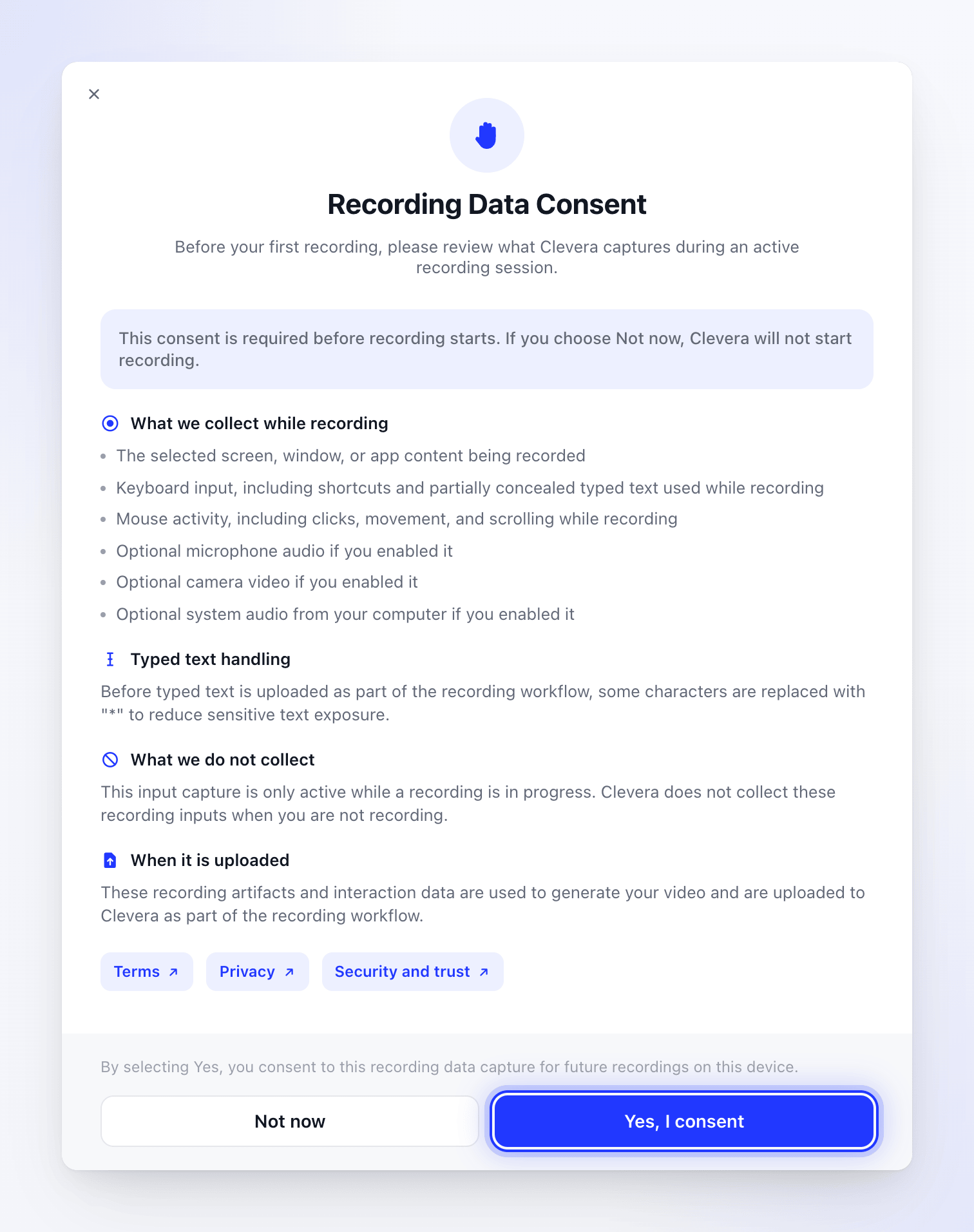 The Recording Data Consent window listing what Clevera collects while recording.