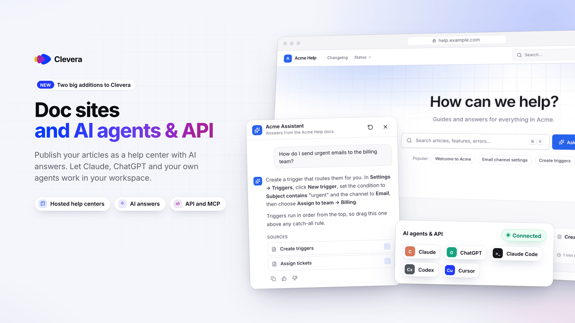 Doc sites and AI agents & API: a published Acme Help site with its AI assistant answering a question, next to a card showing Claude, ChatGPT, Claude Code, Codex and Cursor connected.