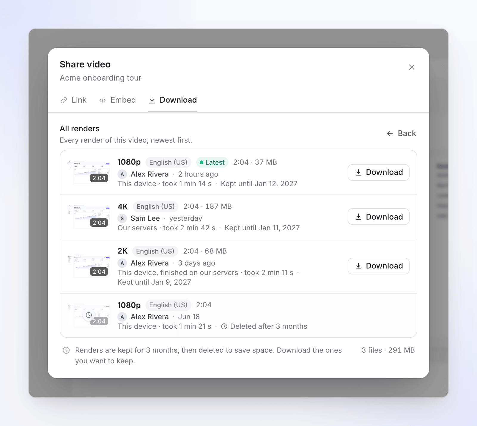 L'elenco Tutti i rendering che mostra dove è stato eseguito ogni rendering: questo dispositivo, i nostri server o questo dispositivo completato sui nostri server.