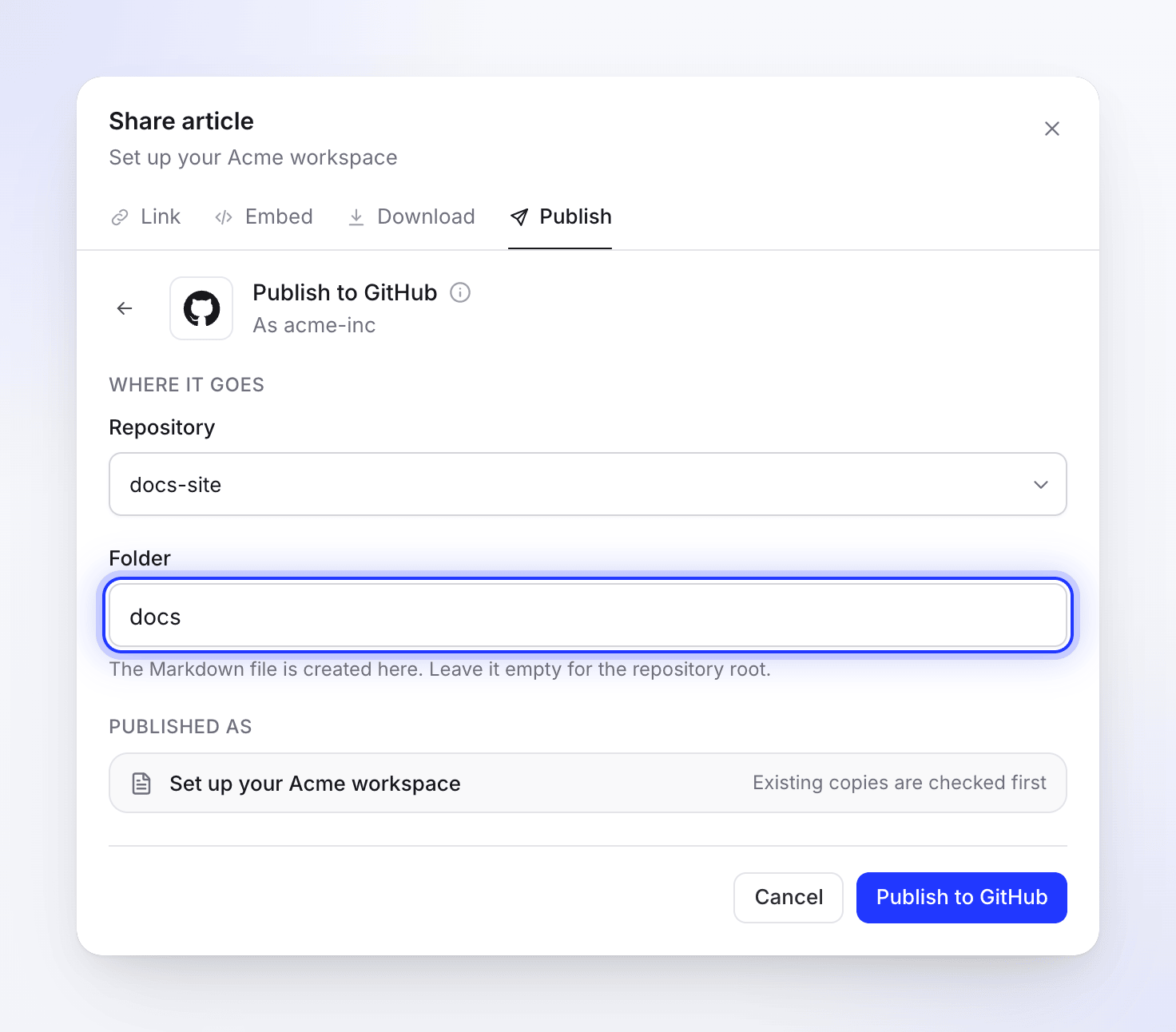 Il modulo Pubblica su GitHub con il repository docs-site e la cartella docs
