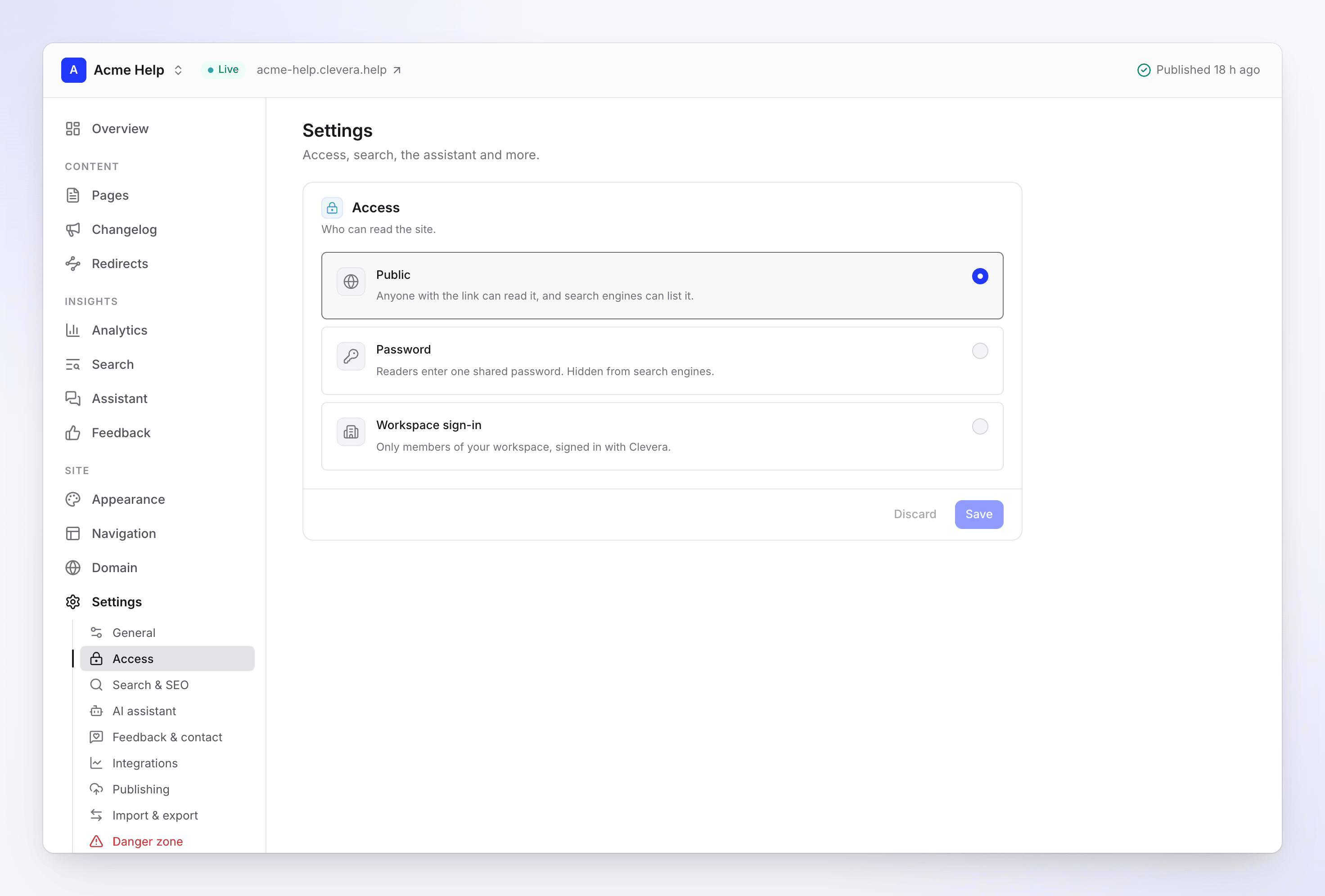 Settings, Access: Public, Password and Workspace sign-in, with Public selected