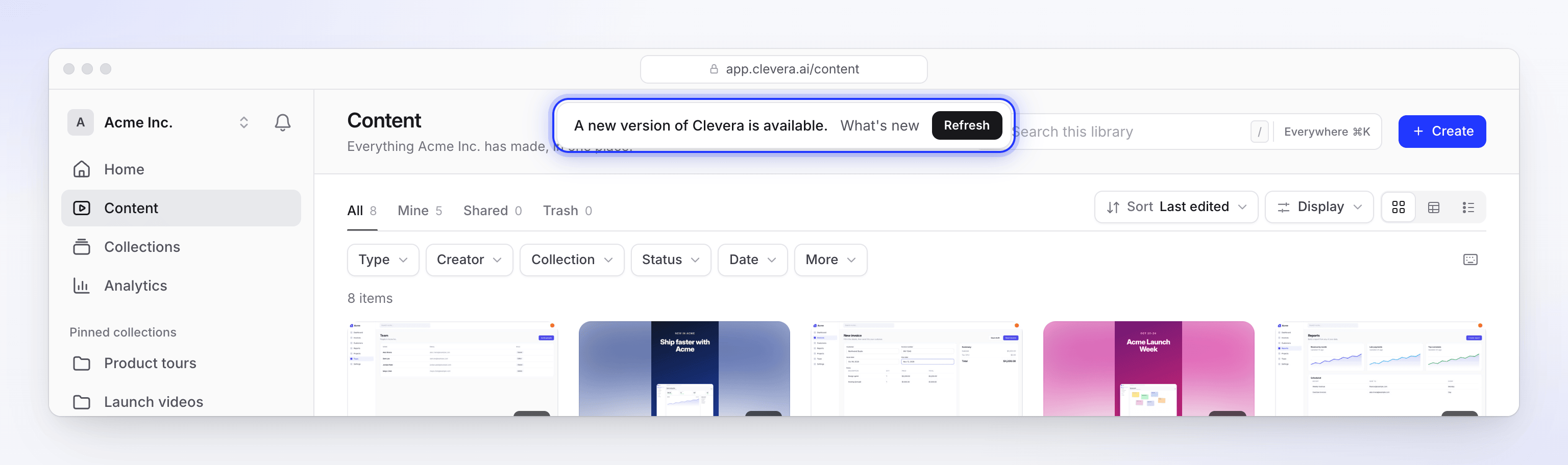 The banner at the top of the page saying A new version of Clevera is available, with What's new and Refresh