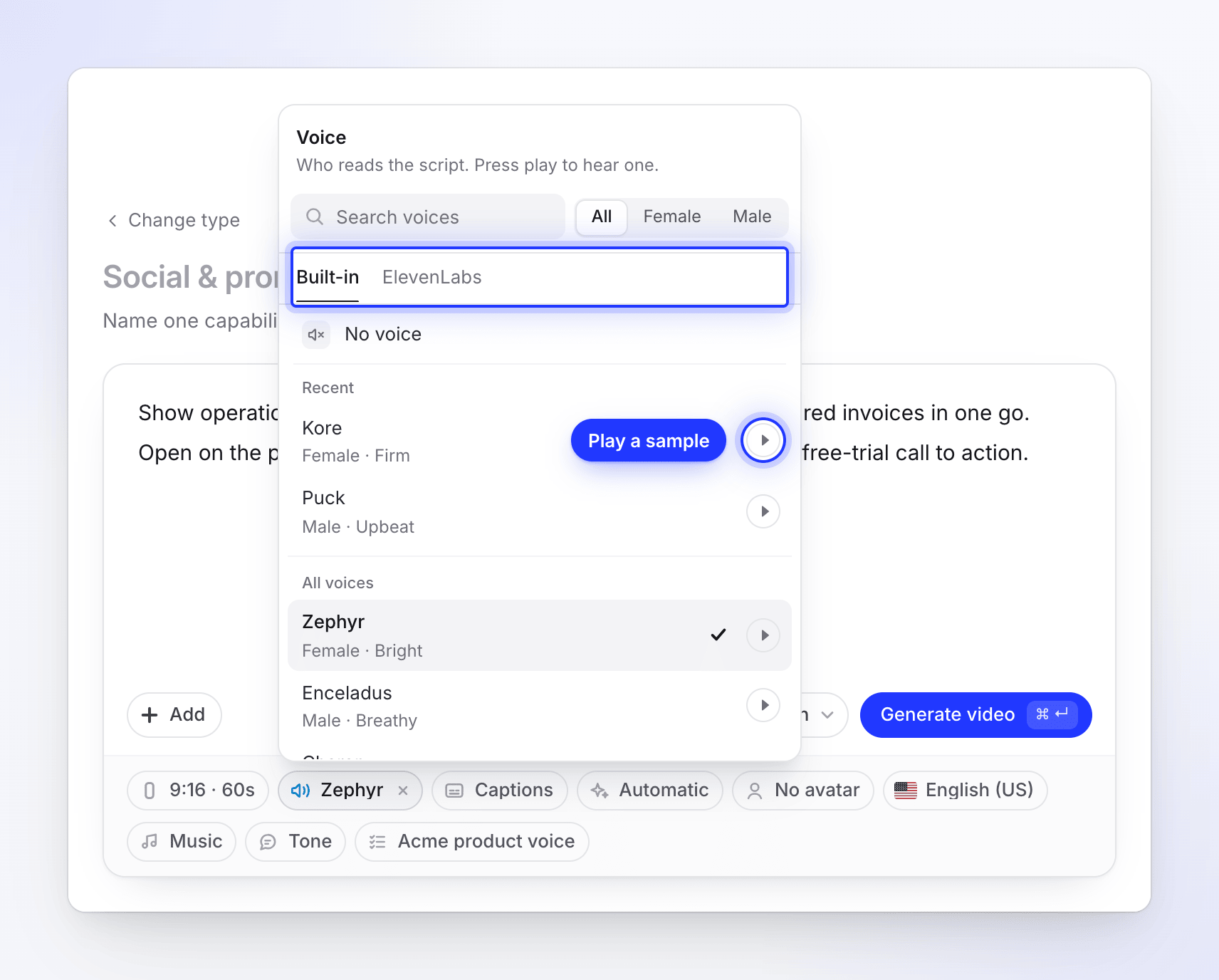 The Voice menu with Built-in and ElevenLabs tabs, recent voices and play buttons