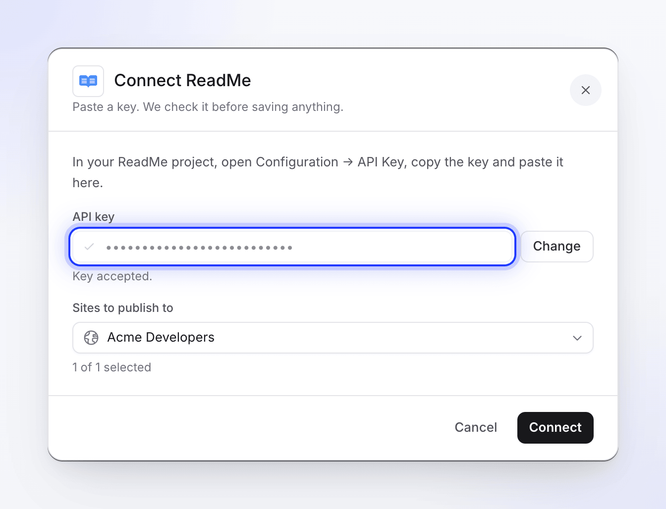The Connect ReadMe window with an accepted API key and the Acme Developers project