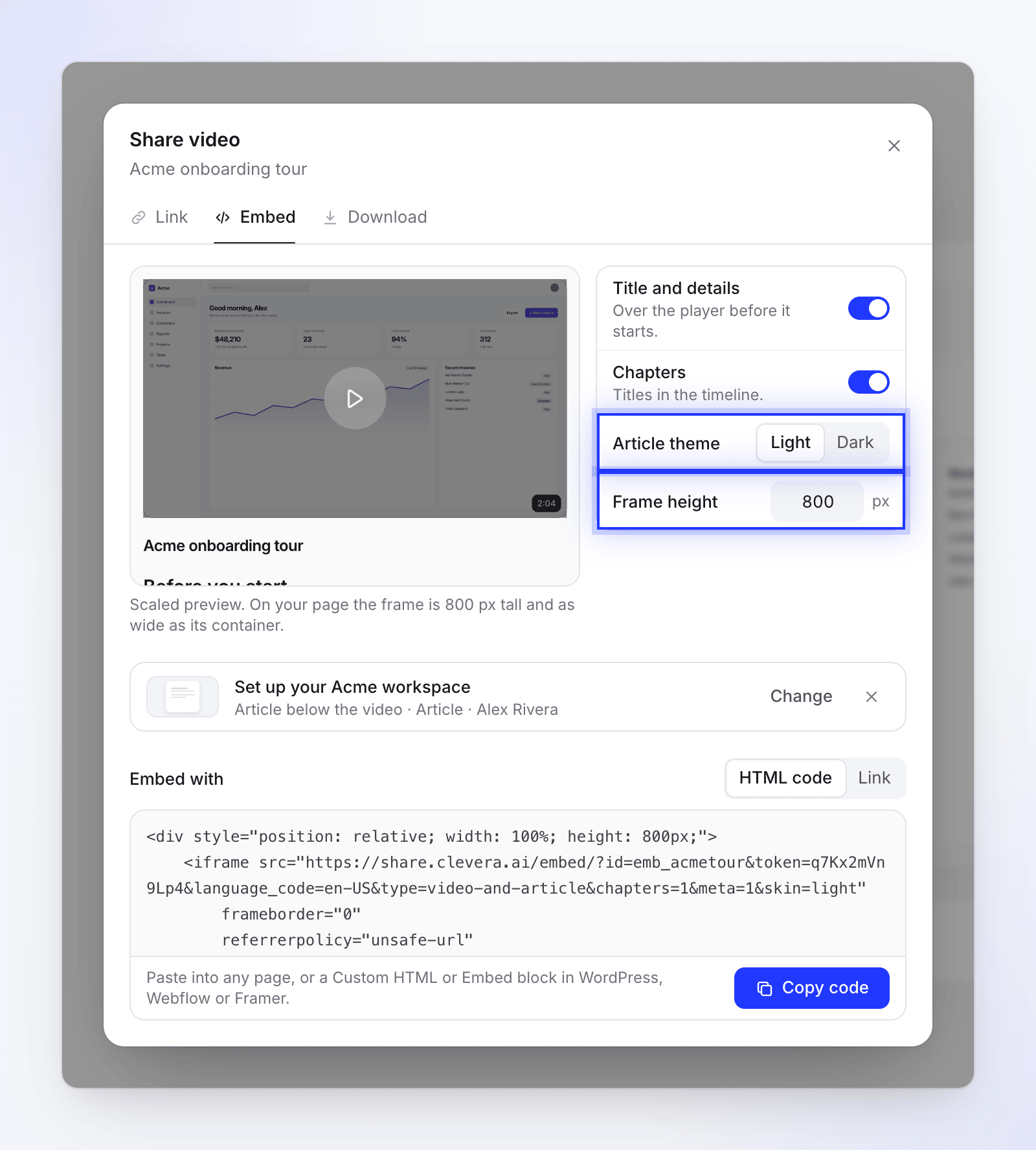 The Embed tab for a video with an article, showing Article theme and Frame height.