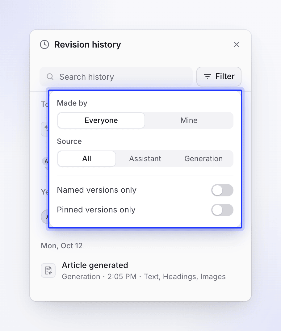 The revision history filters: Made by, Source, Named versions only and Pinned versions only