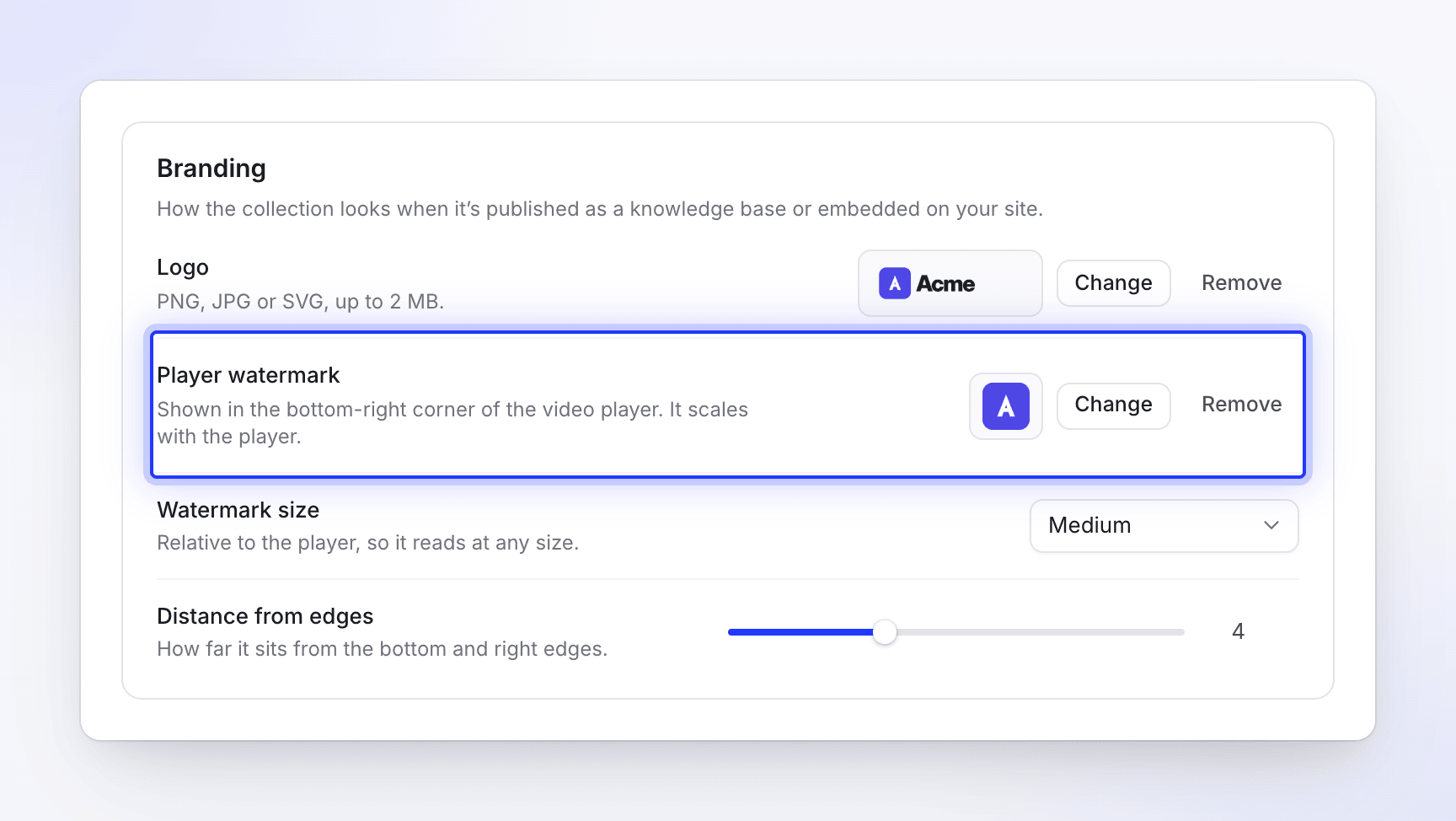 Collection settings Branding section with a player watermark, watermark size and distance from edges.
