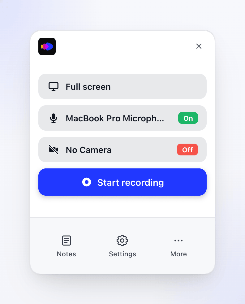 The Clevera recording window with Full screen selected, a microphone on and the camera off.