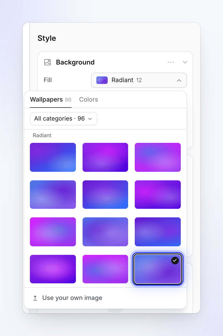 The background Fill picker showing Radiant wallpapers with one selected.