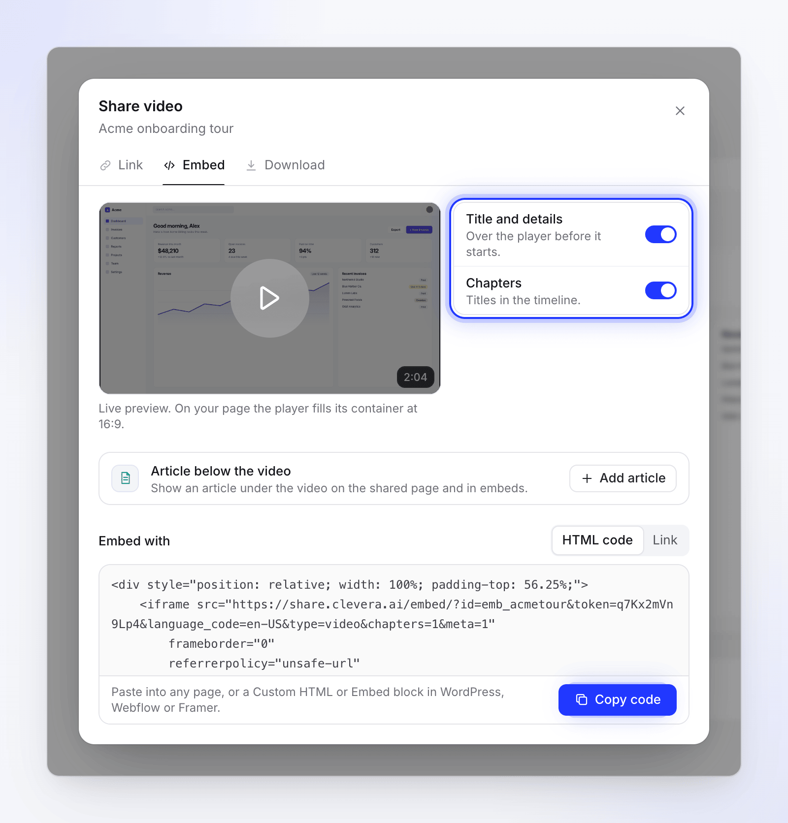 The Embed tab with a live preview, Title and details and Chapters switches, and the embed code.