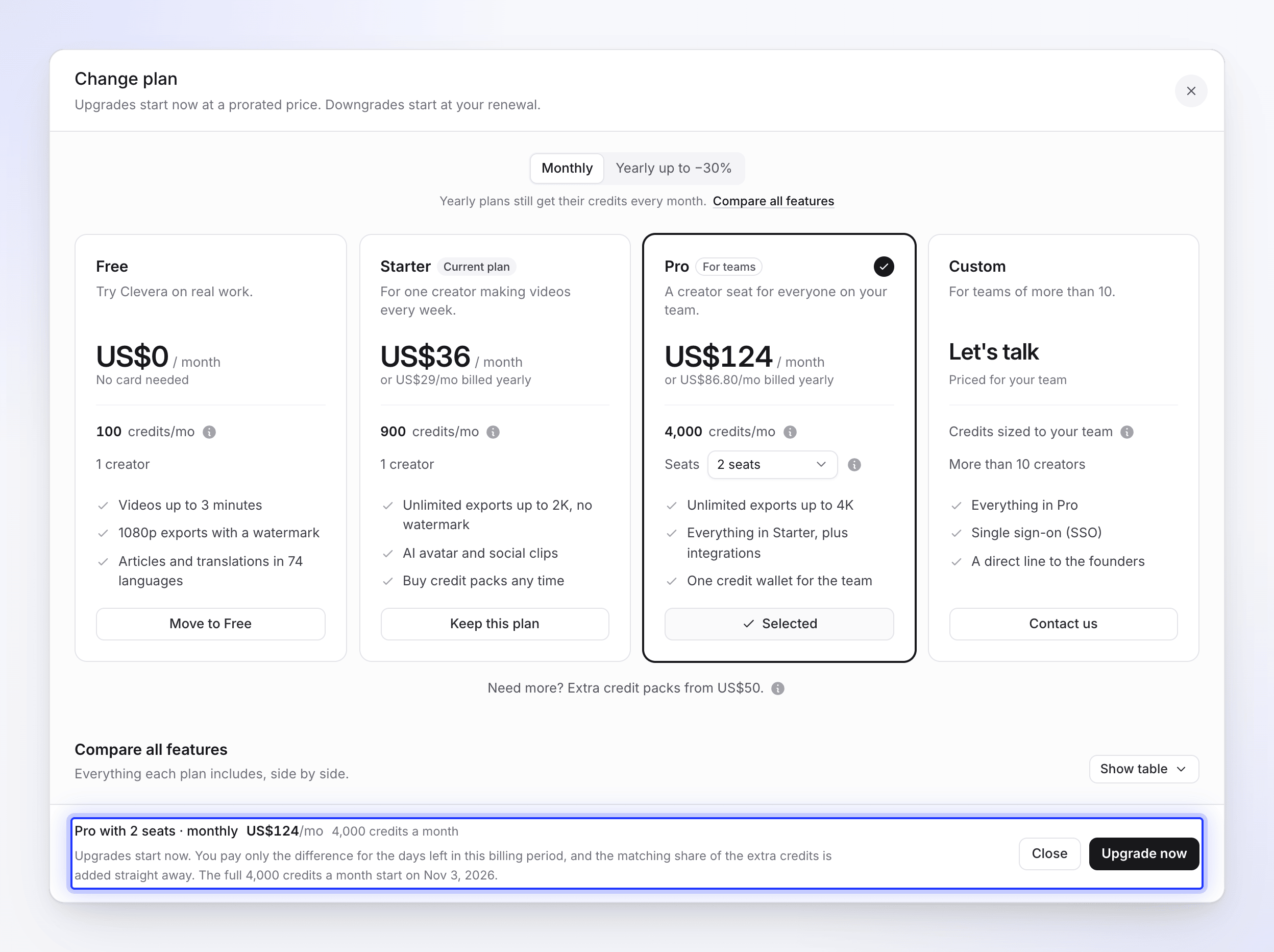 The Change plan sheet with Pro selected and the prorated upgrade summary