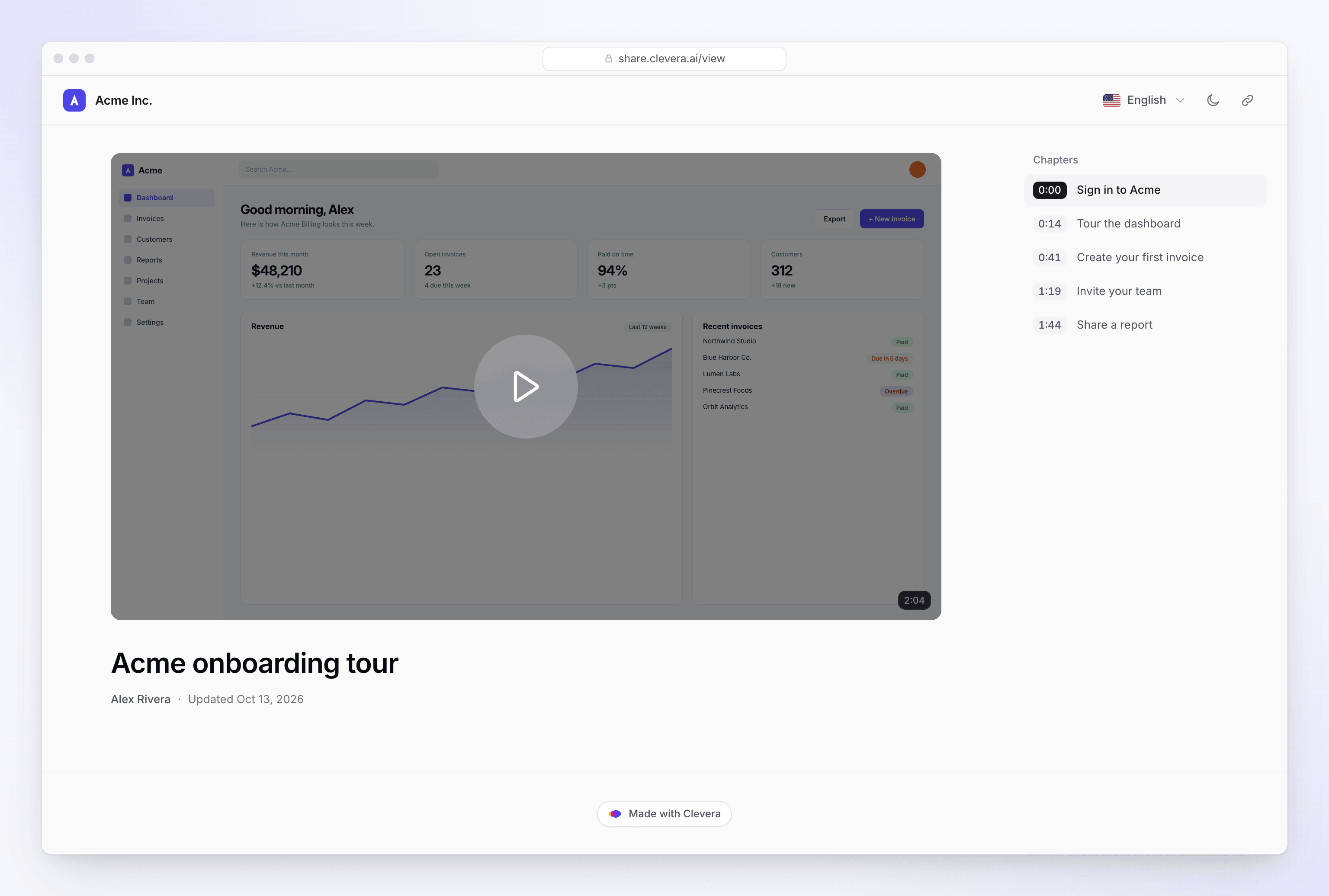The public share page with the video player, chapters, language menu and the Made with Clevera footer link.