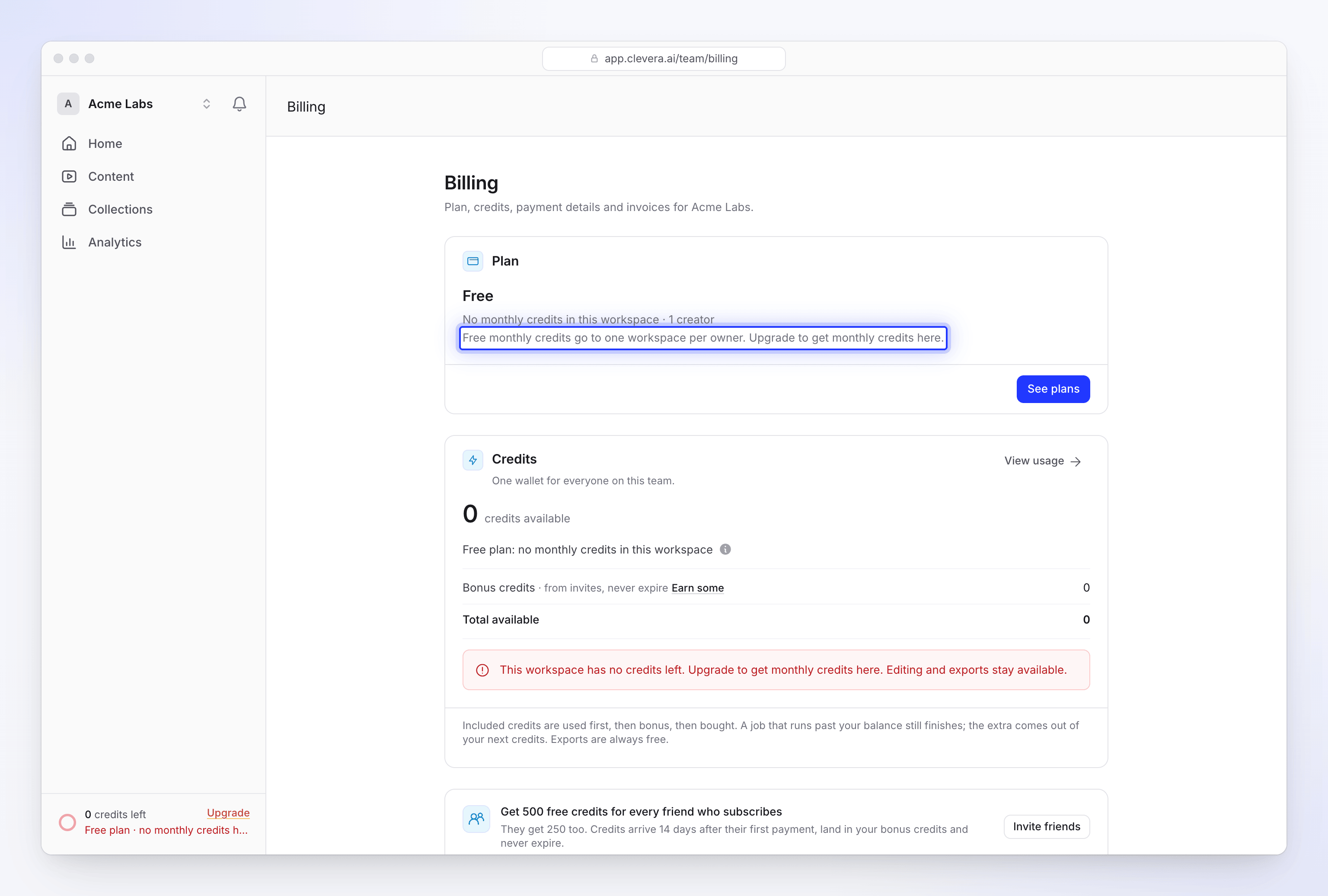 Billing on a Free workspace that gets no monthly credits because another workspace has the owner's Free allowance