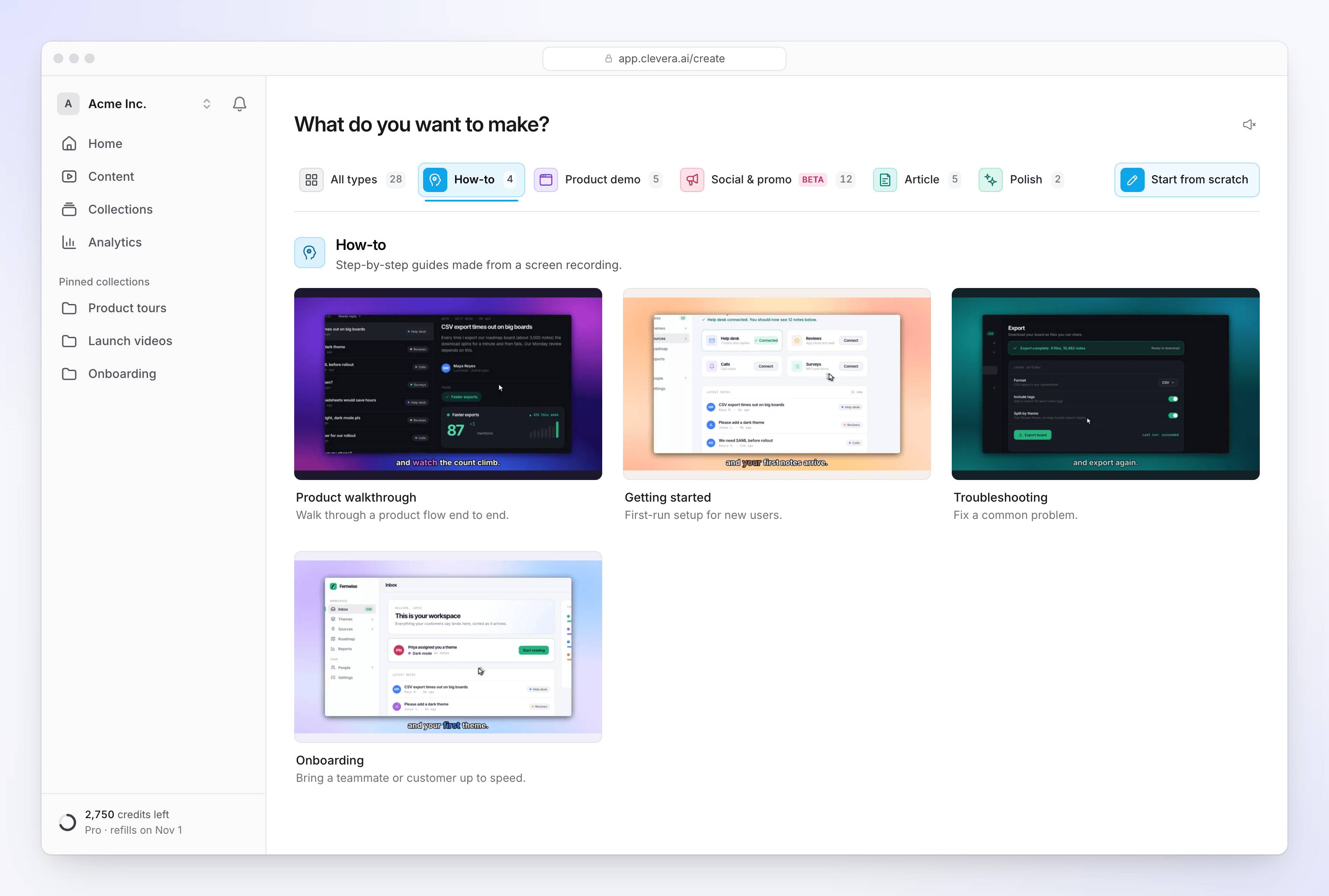 The Create gallery with the How-to family selected, showing four kinds of guide.