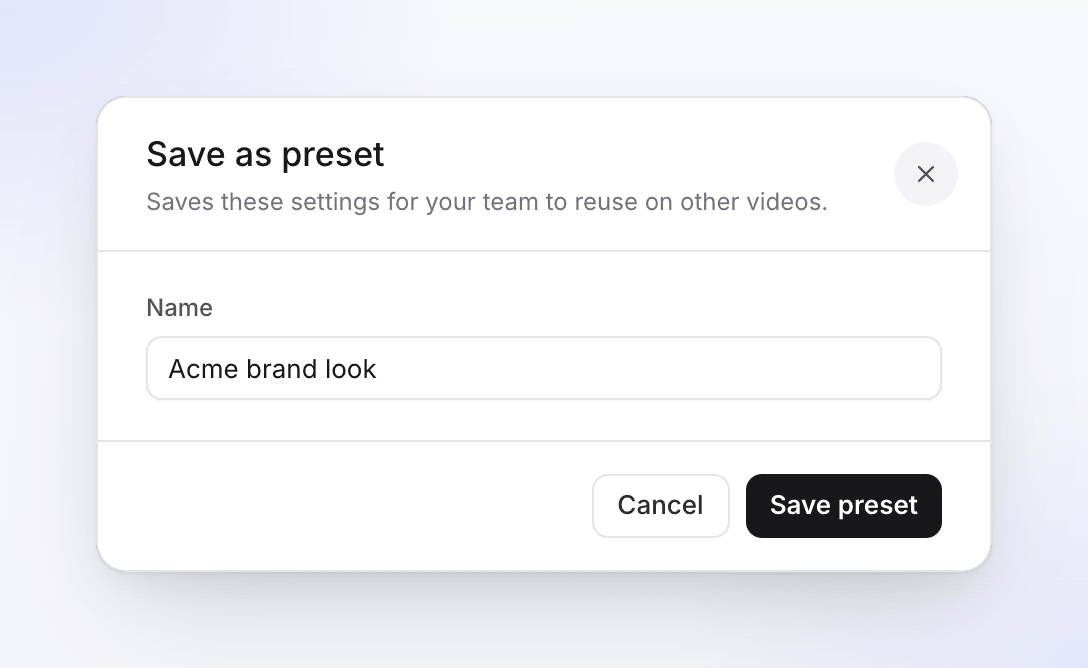 The Save as preset dialog with the name Acme brand look.