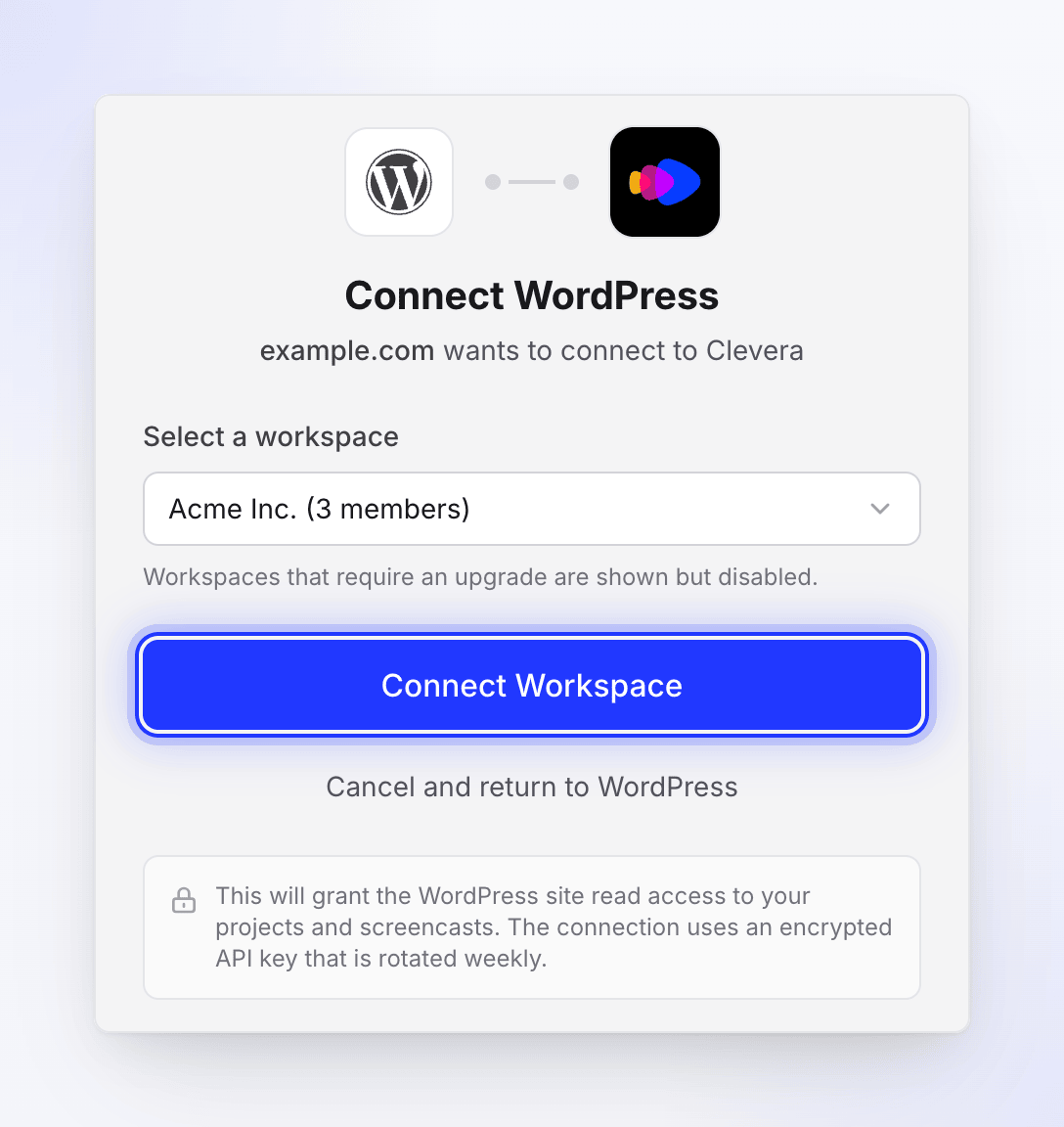 Clevera asking which workspace to connect example.com to, with Acme Inc. selected