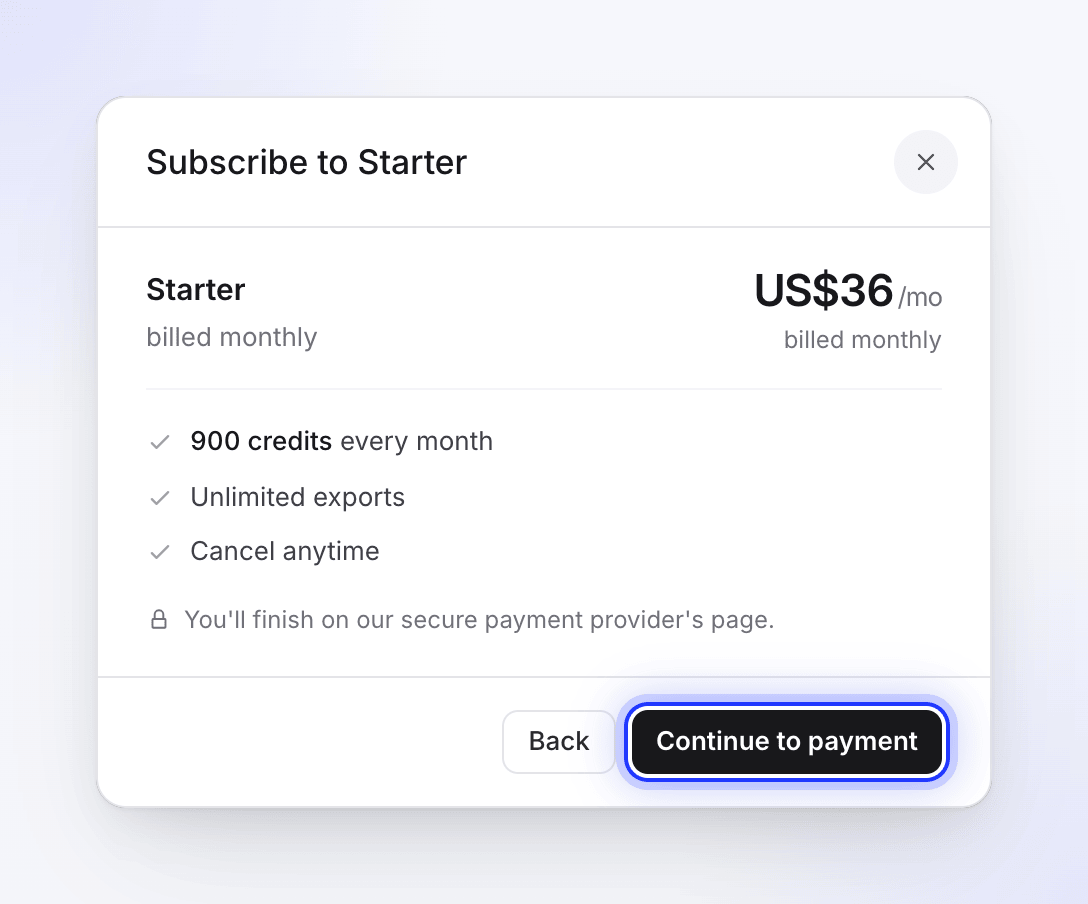 The Subscribe to Starter summary with the Continue to payment button