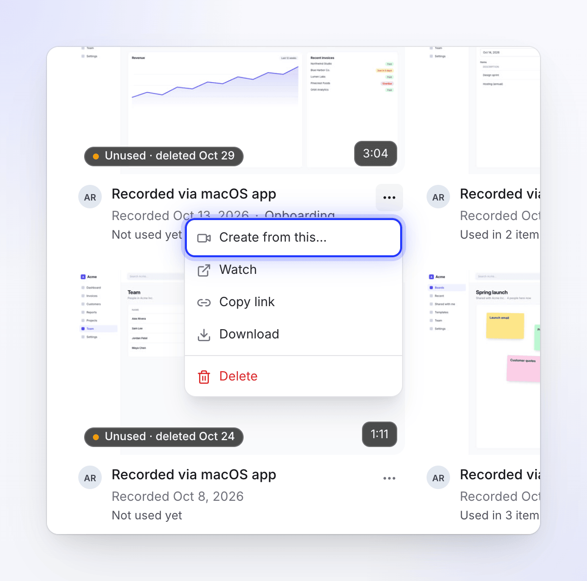Menu ⋯ di una registrazione in Contenuto › Registrazioni con Crea da questo…, Guarda, Copia link, Scarica ed Elimina
