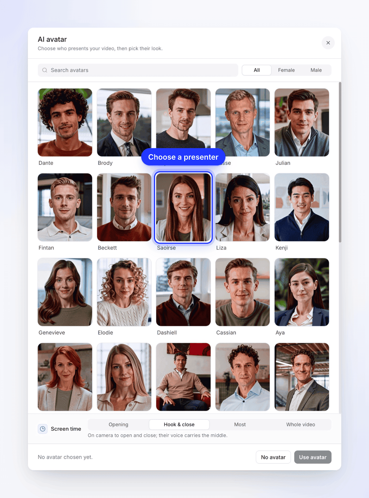 The AI avatar window with a grid of presenters such as Dante, Saoirse and Kenji, a search box and the All, Female and Male filter