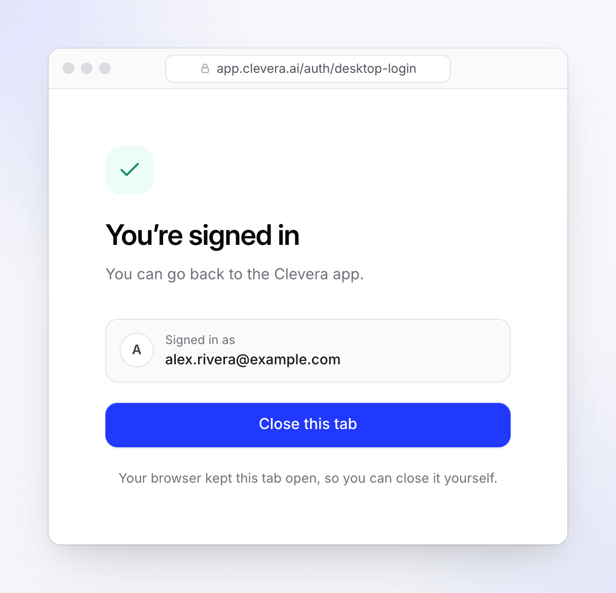 The browser page confirming you're signed in to the Clevera app.