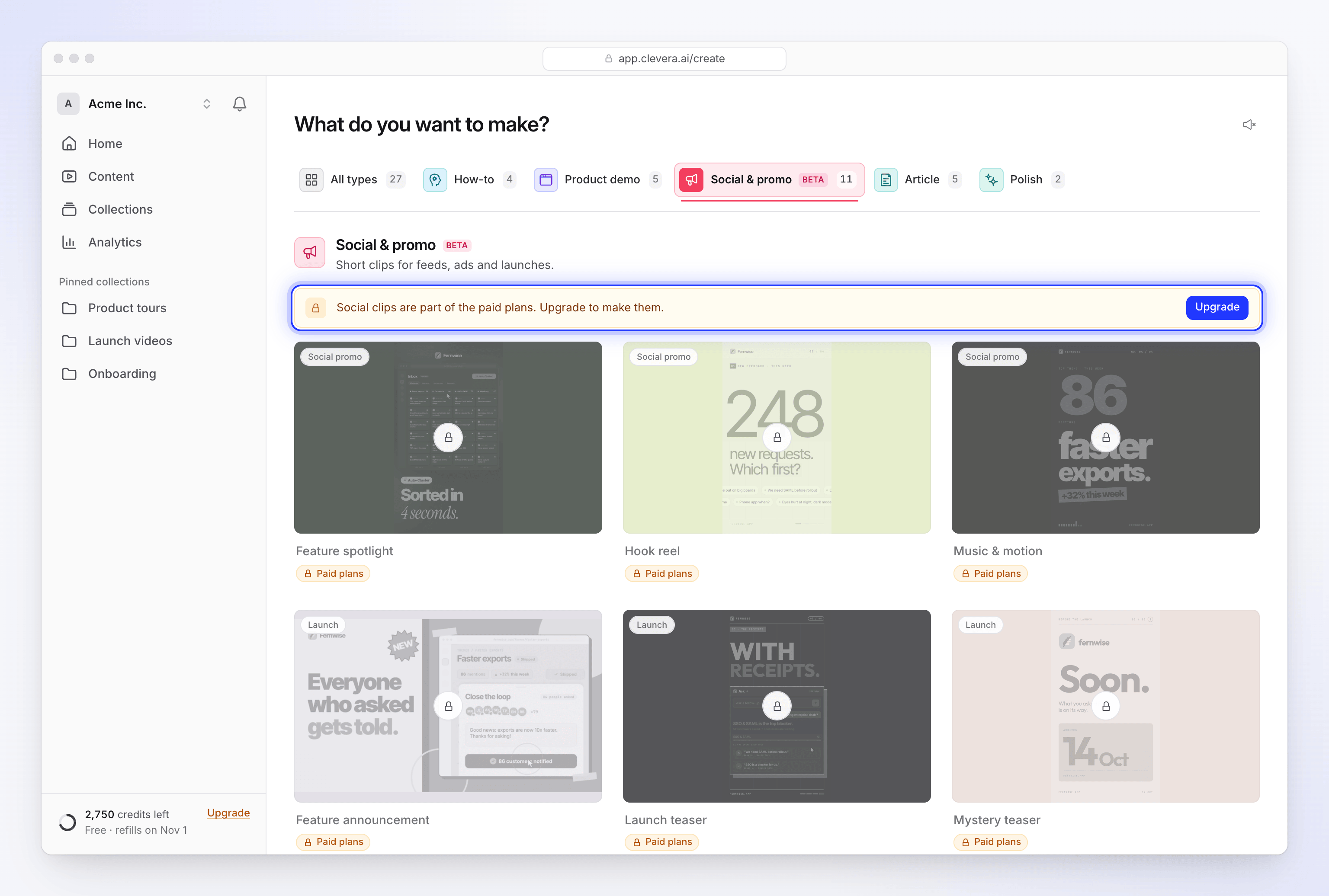 The social gallery on the Free plan with the paid-plans banner and Paid plans tags