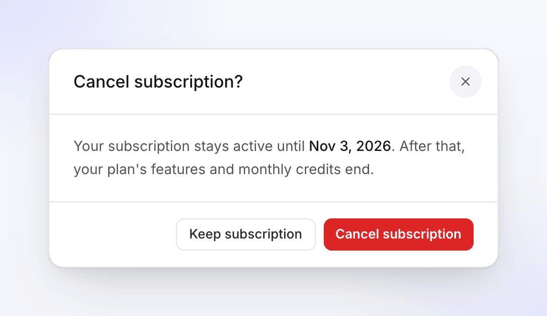 The cancel confirmation saying the subscription stays active until the end of the paid period
