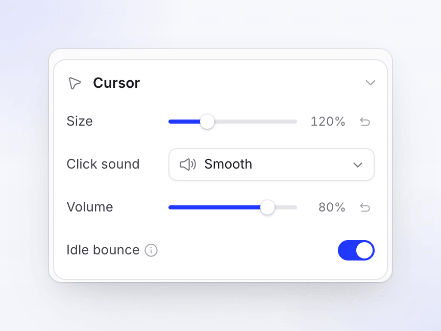 Cursor settings: size 120%, click sound Smooth, volume 80% and idle bounce on.